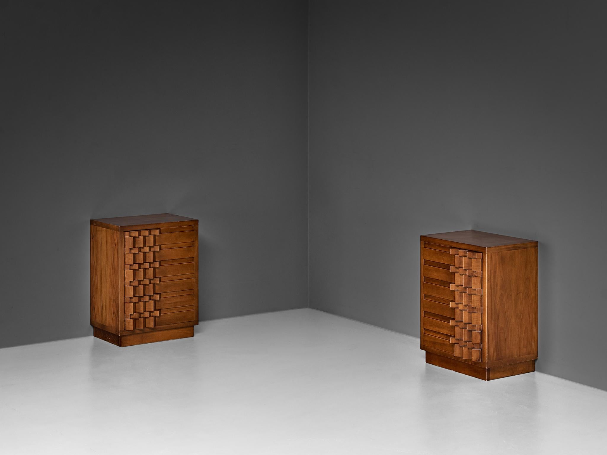 Italian Luciano Frigerio 'Diamante' Pair of Bed Tables with Cubist Graphic Front  For Sale