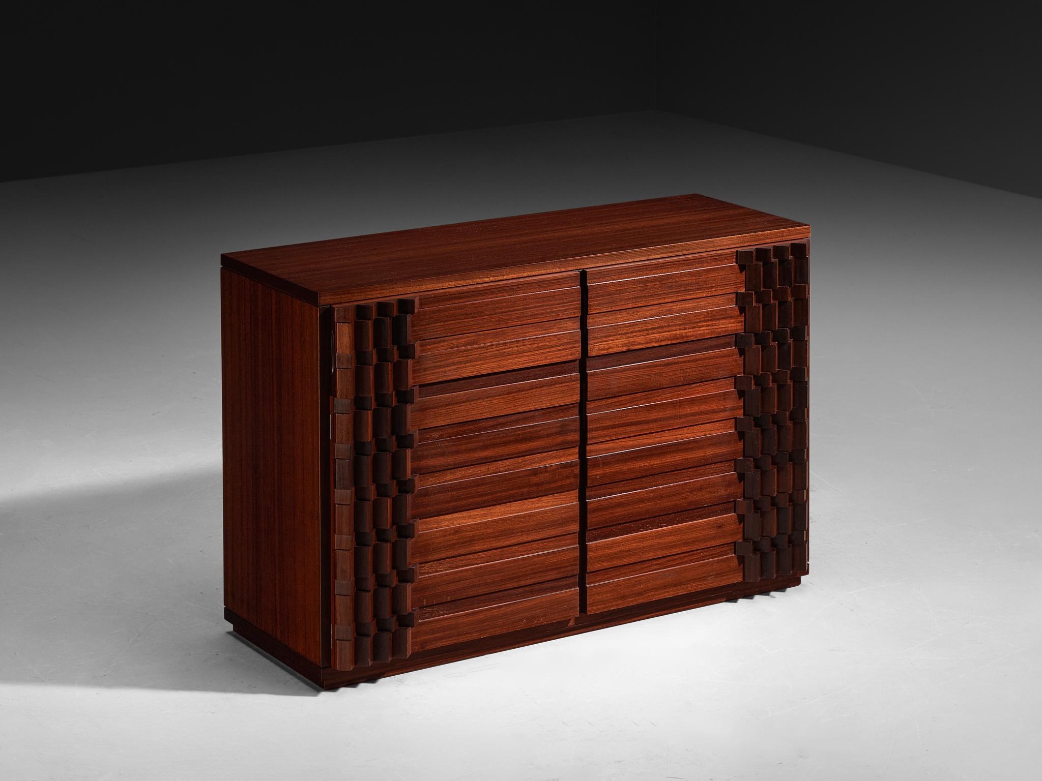 Luciano Frigerio, 'Diamante' sideboard, wood, Italy, 1970s

This remarkable cabinet, created by the creative Italian designer Luciano Frigerio, exemplifies the aesthetic sensibilities that prevailed during the 1960s and -70s. The front facade