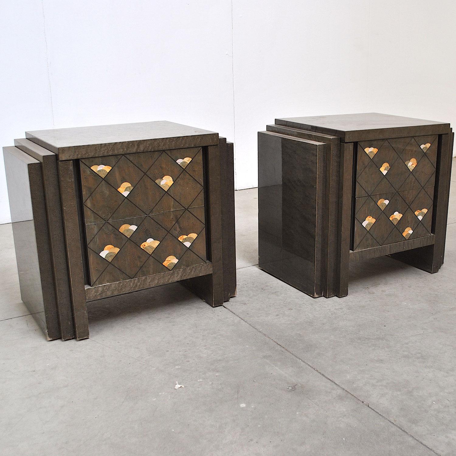 Luciano Frigerio Italian midcentury nightstands late 1970s. The materials are a wooden construction, bird's-eye veneer, painted green, wood inlays.