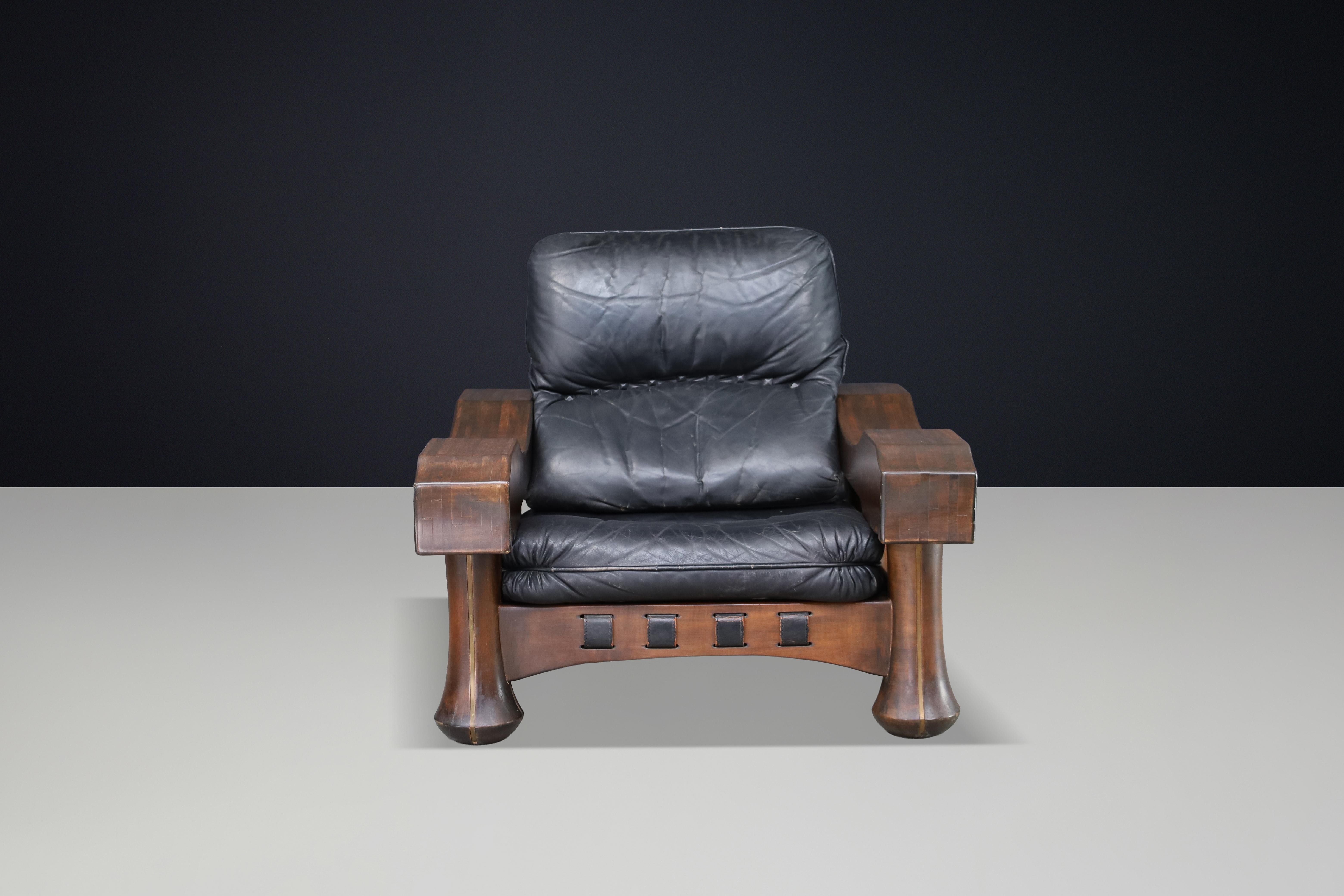 Luciano Frigerio Lounge Chair in Solid Walnut and Black Leather