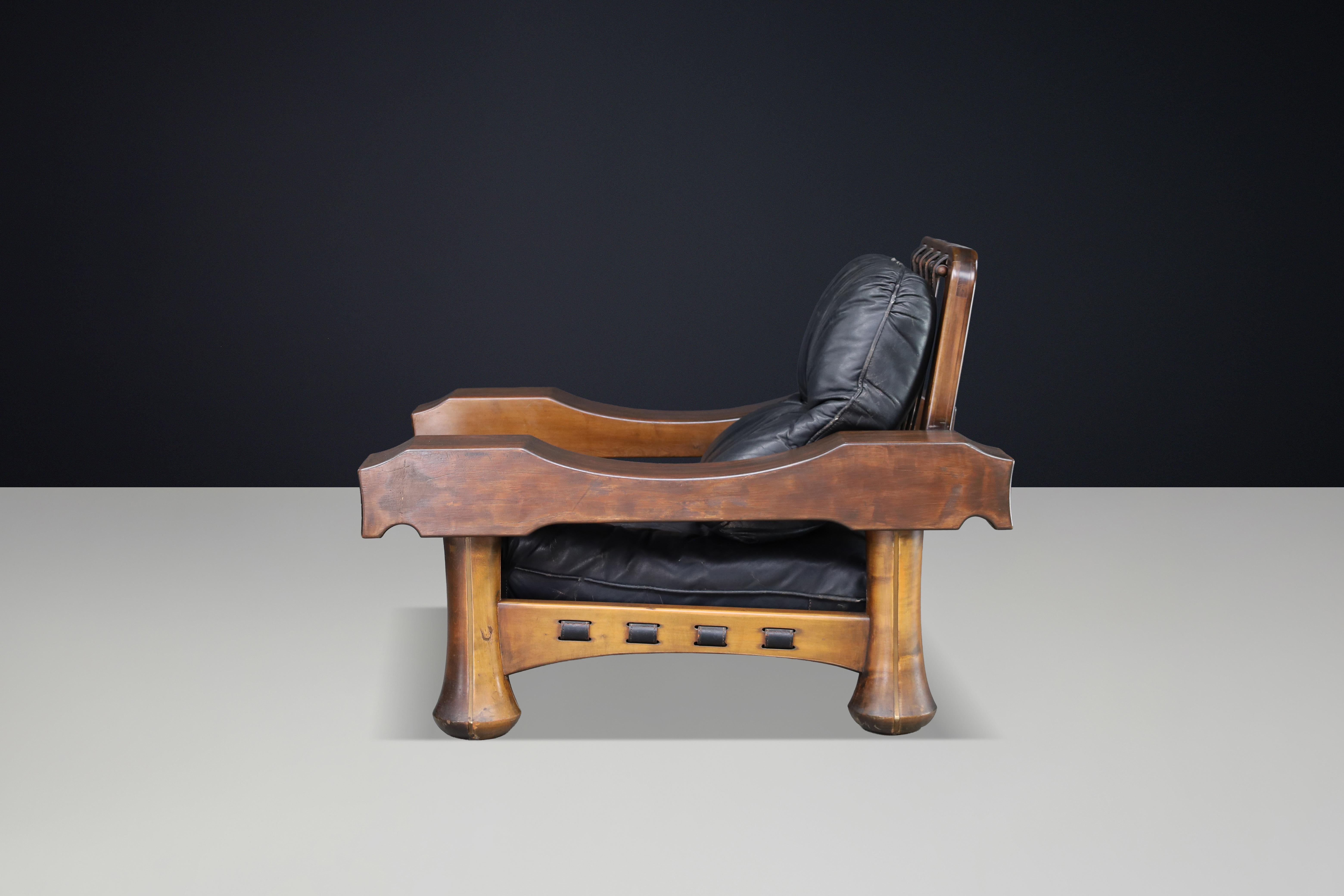 Luciano Frigerio Lounge Chair in Solid Walnut and Black Leather