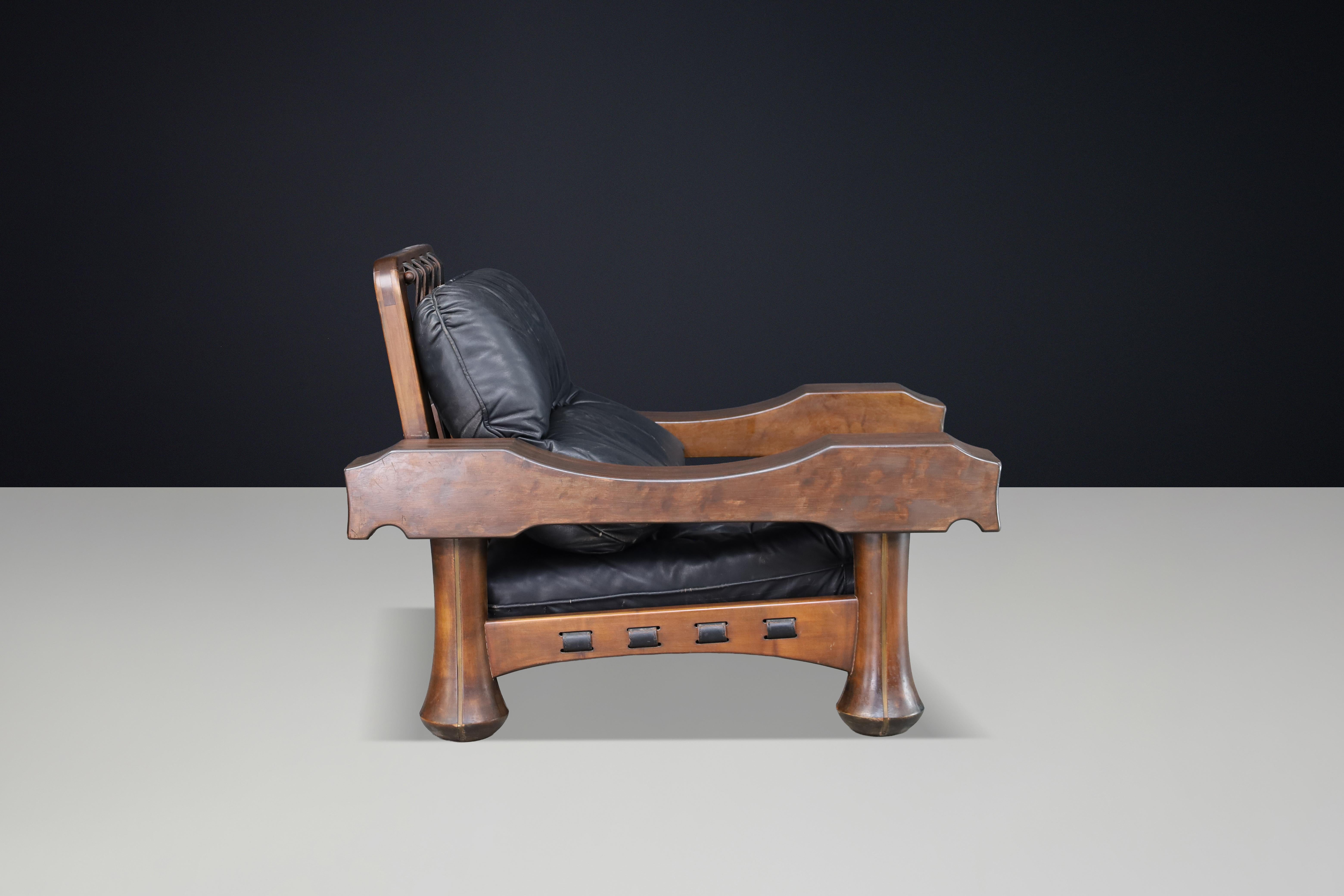 Luciano Frigerio Lounge Chair in Solid Walnut and Black Leather