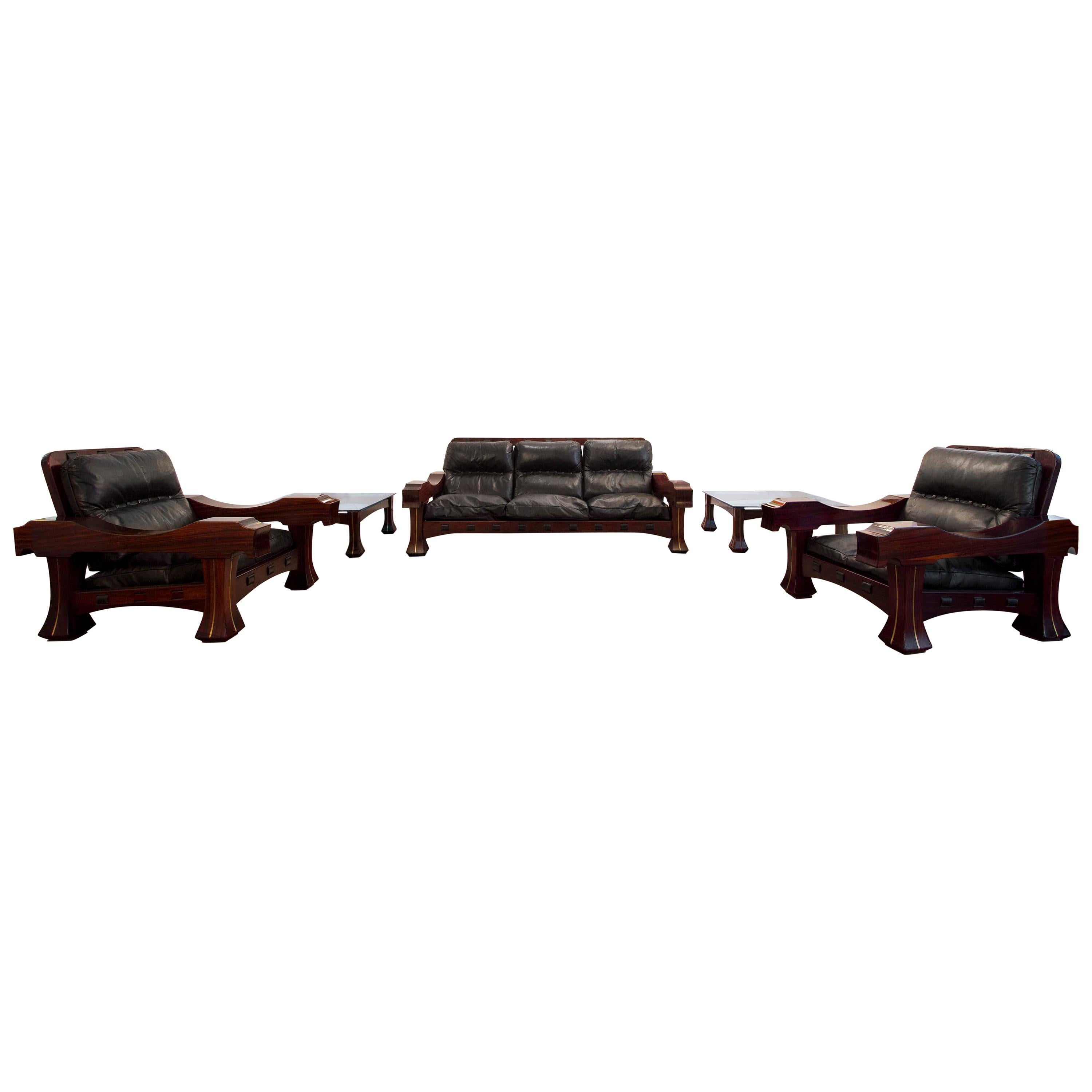 Luciano Frigerio Mahogany and Black Leader Italian Sofas and Two Tables, 1960s For Sale