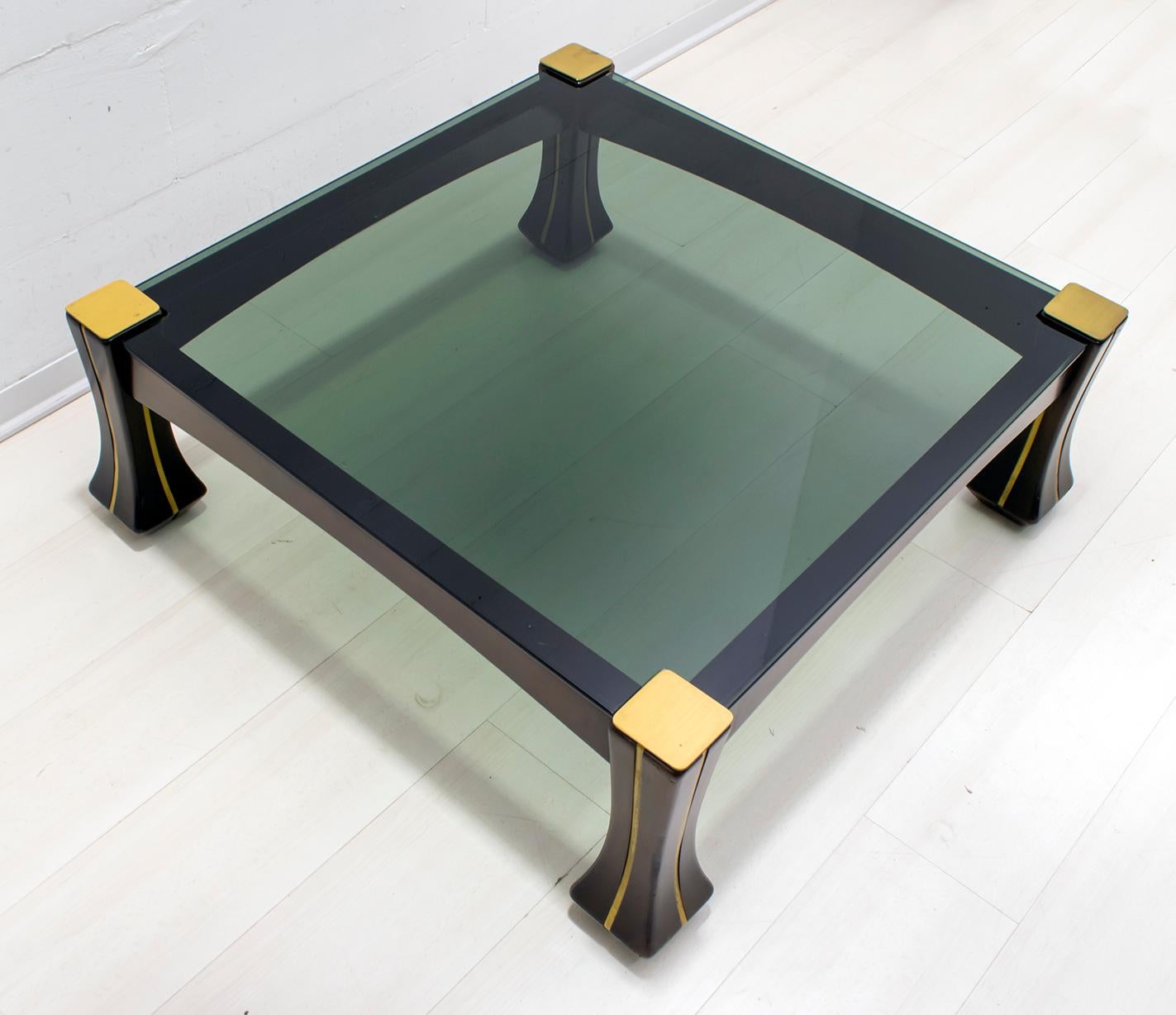 Luciano Frigerio Midcentury Italian Wood and Brass Coffee Table 