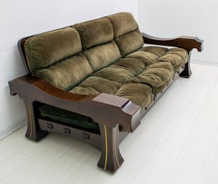 Luciano Frigerio Mid-Century Modern Italian Wood and Suede Sofa "Ussaro", 1970s