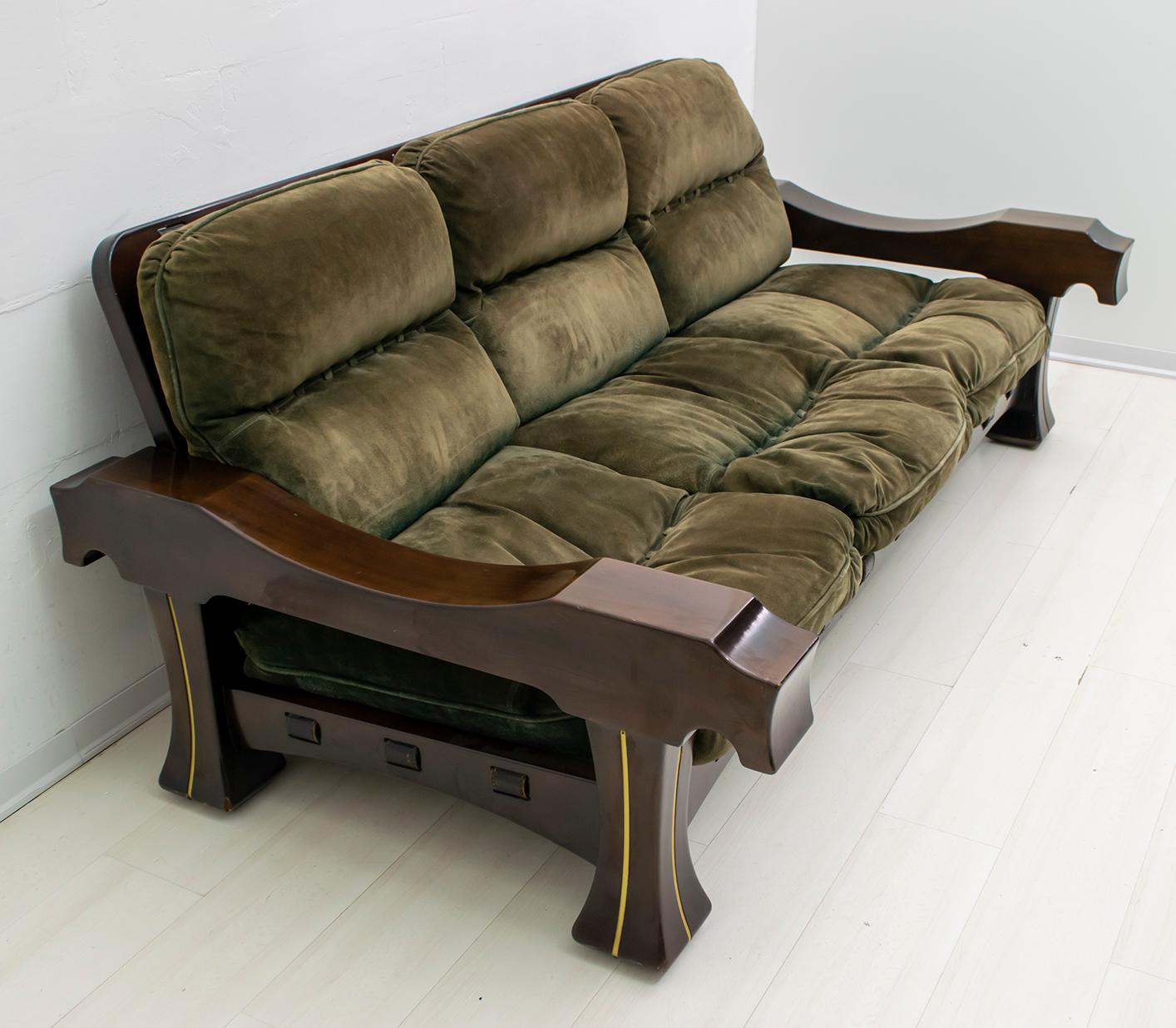 Brass Luciano Frigerio Mid-Century Modern Italian Wood and Suede Sofa 