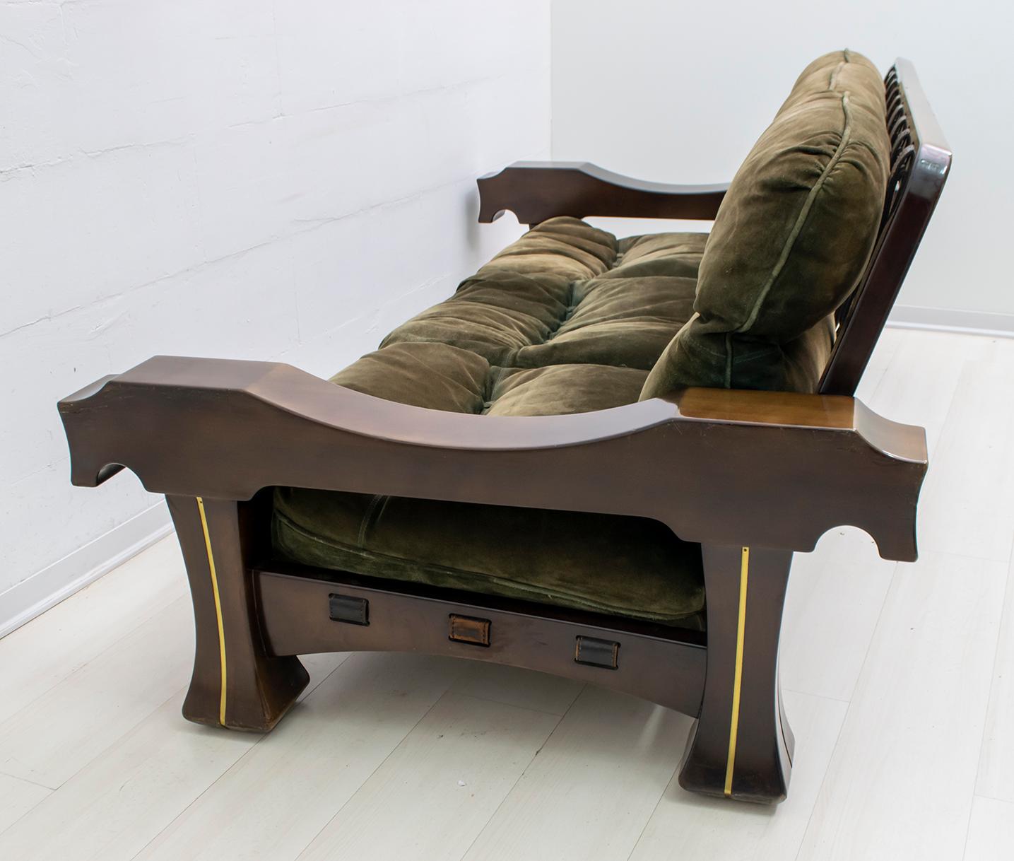 Luciano Frigerio Mid-Century Modern Italian Wood and Suede Sofa 