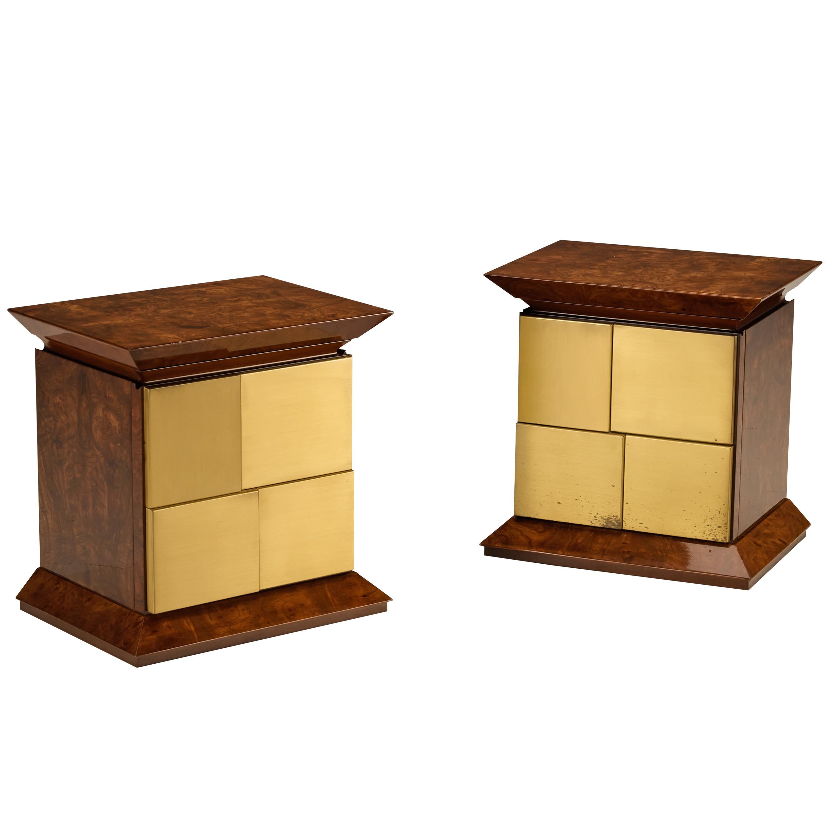 Luciano Frigerio Nightstands in Elm Burl and Brass For Sale