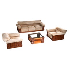 Vintage Luciano Frigerio 'Norman' Livingroom Set in Walnut and Suede, Italy, 1968