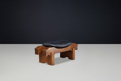 Luciano Frigerio Ottoman in Solid Walnut and Black Leather, Italy, 1970s
