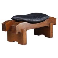 Luciano Frigerio Ottoman in Solid Walnut and Black Leather, Italy, 1970s