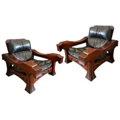 Luciano Frigerio Pair of Italian Mahogany and Black Leather Ussaro Armchairs