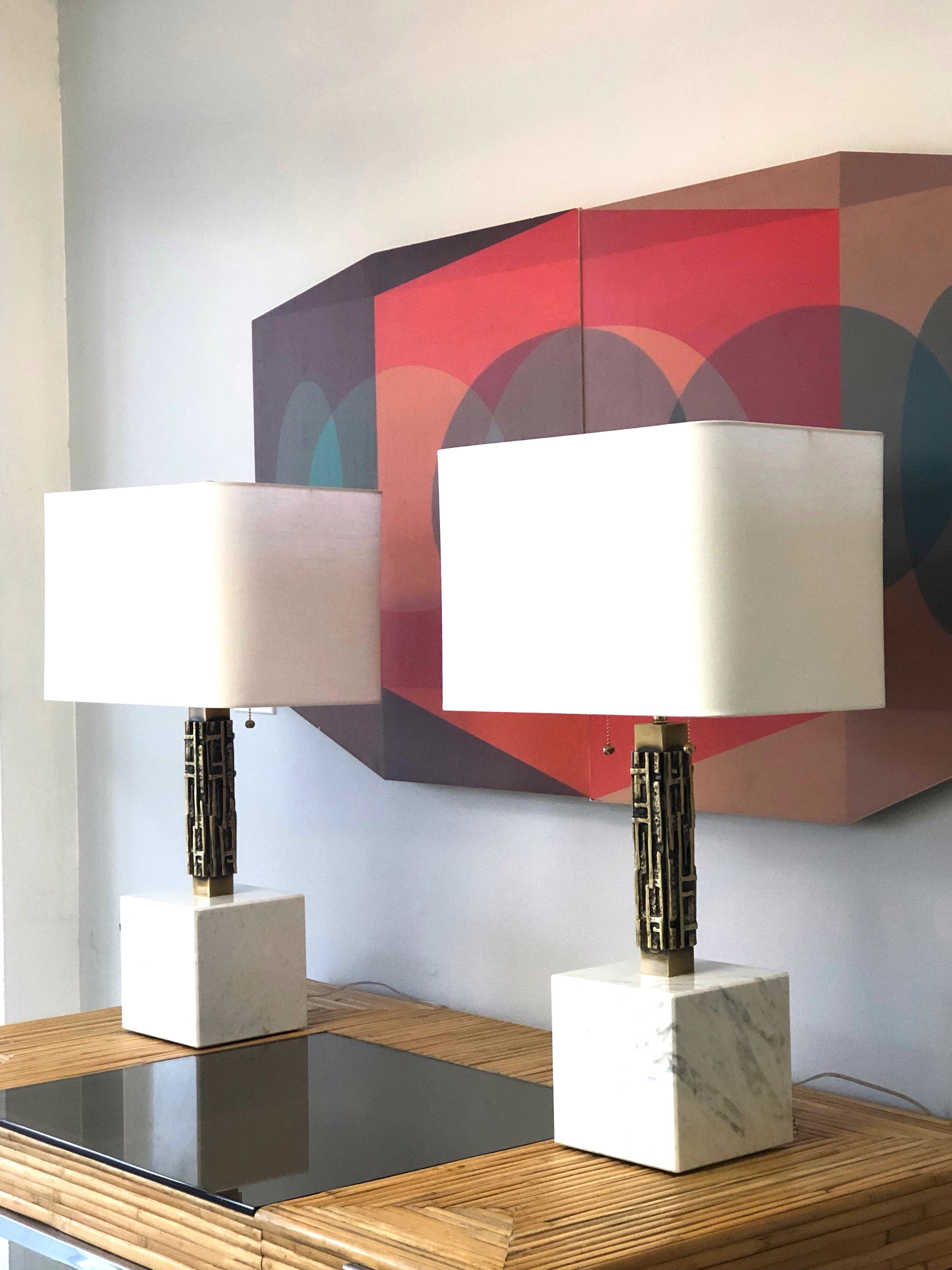 Late 20th Century Luciano Frigerio Pair of Large Bronze and Marble Table Lamps, 1970s For Sale