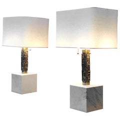 Luciano Frigerio Pair of Large Bronze and Marble Table Lamps, 1970s
