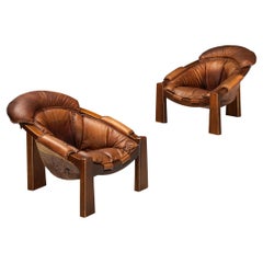 Luciano Frigerio Pair of Lounge Chairs in Leather and Mahogany 