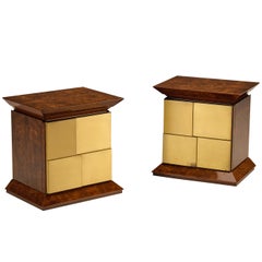 Luciano Frigerio Pair of Night Stands in Elm Burl and Brass