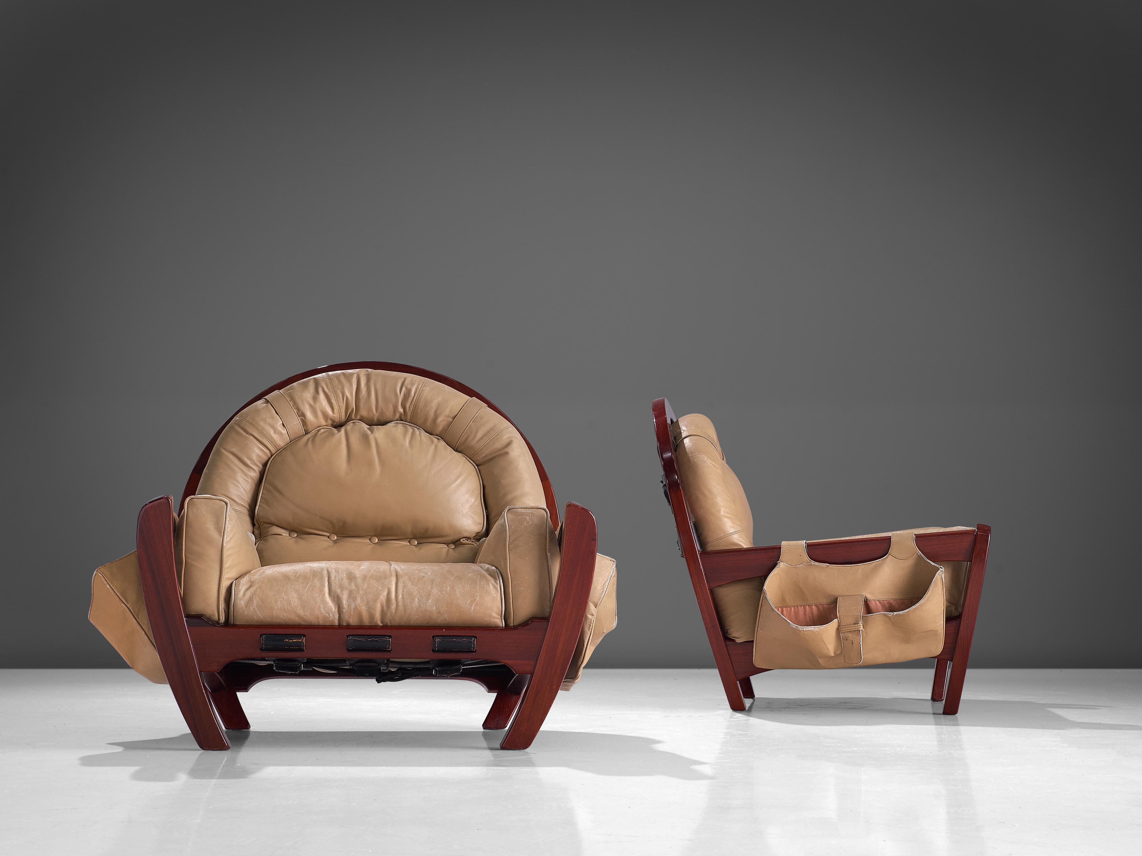 Italian Luciano Frigerio Pair of 'Rancero' Lounge Chairs in Mahogany and Leather