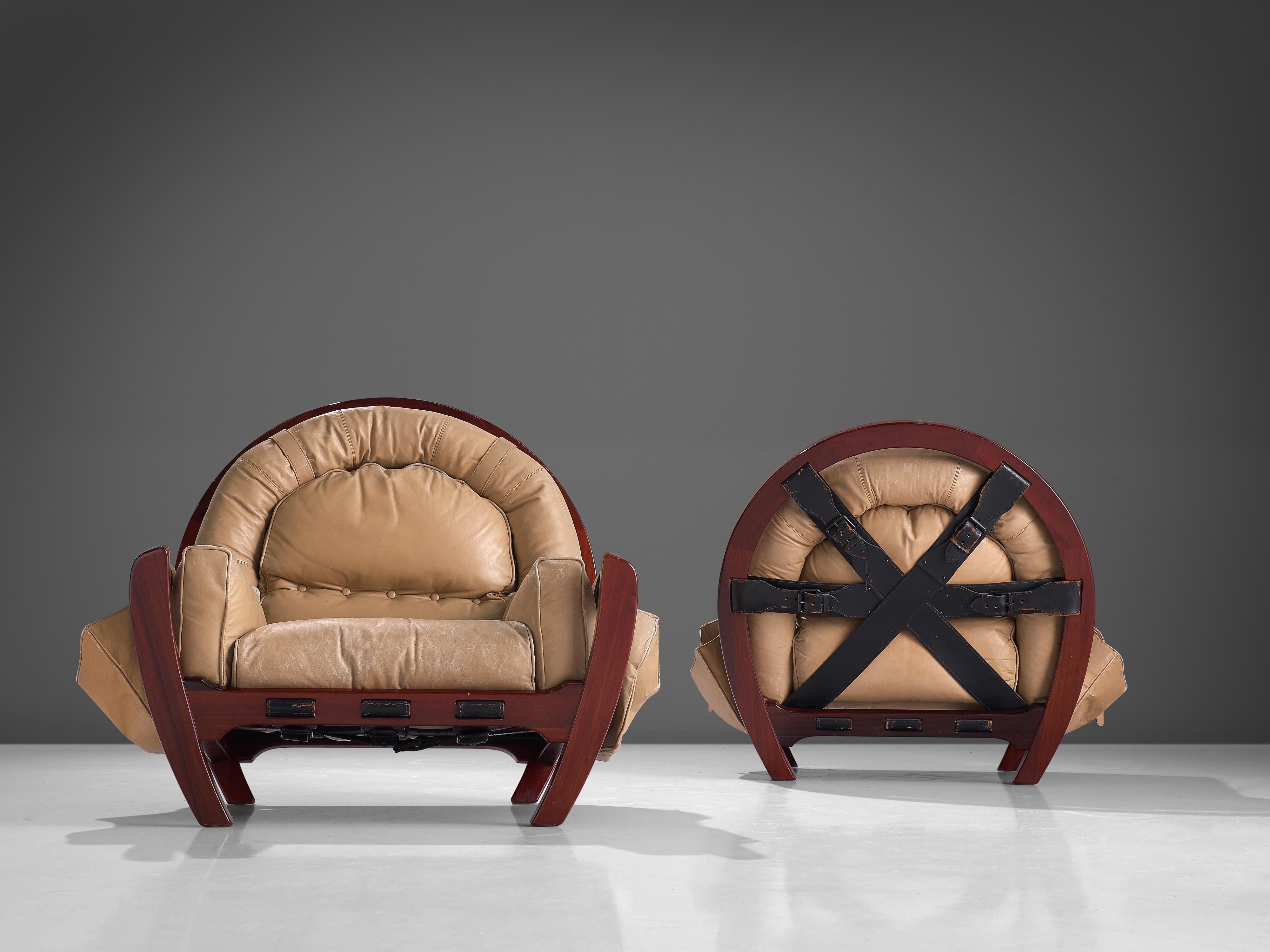 Late 20th Century Luciano Frigerio Pair of 'Rancero' Lounge Chairs in Mahogany and Leather