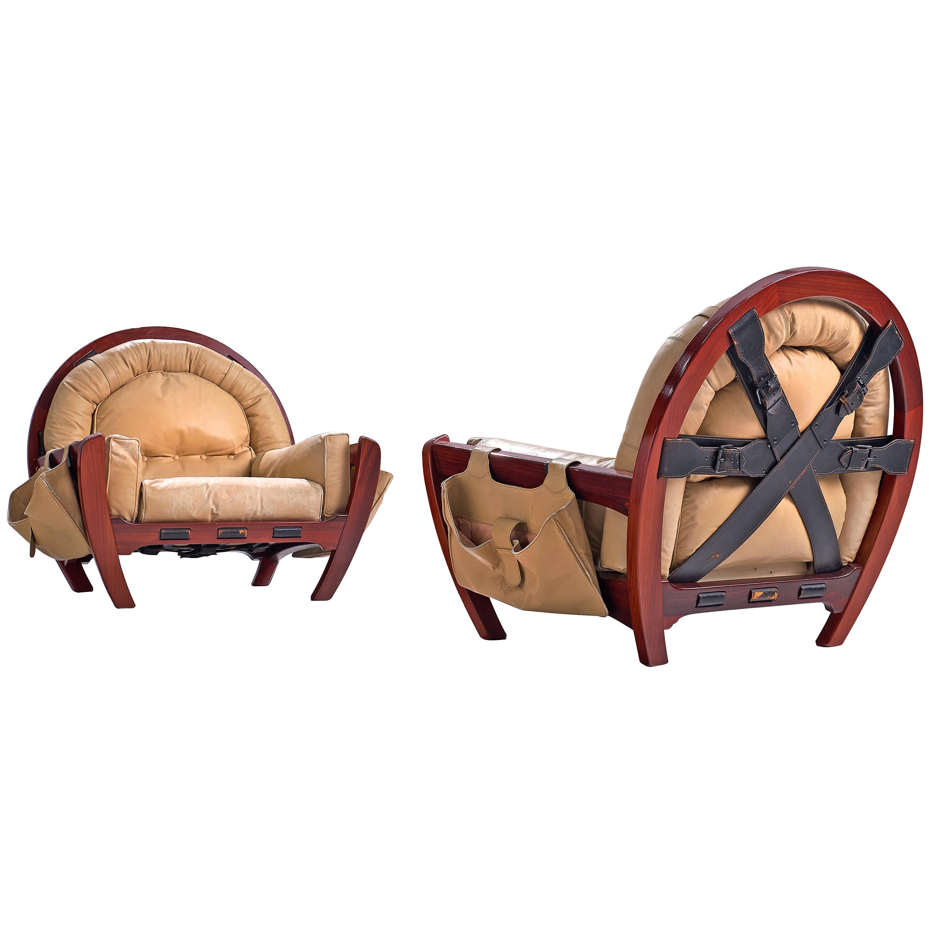 Luciano Frigerio Pair of 'Rancero' Lounge Chairs in Mahogany and Leather
