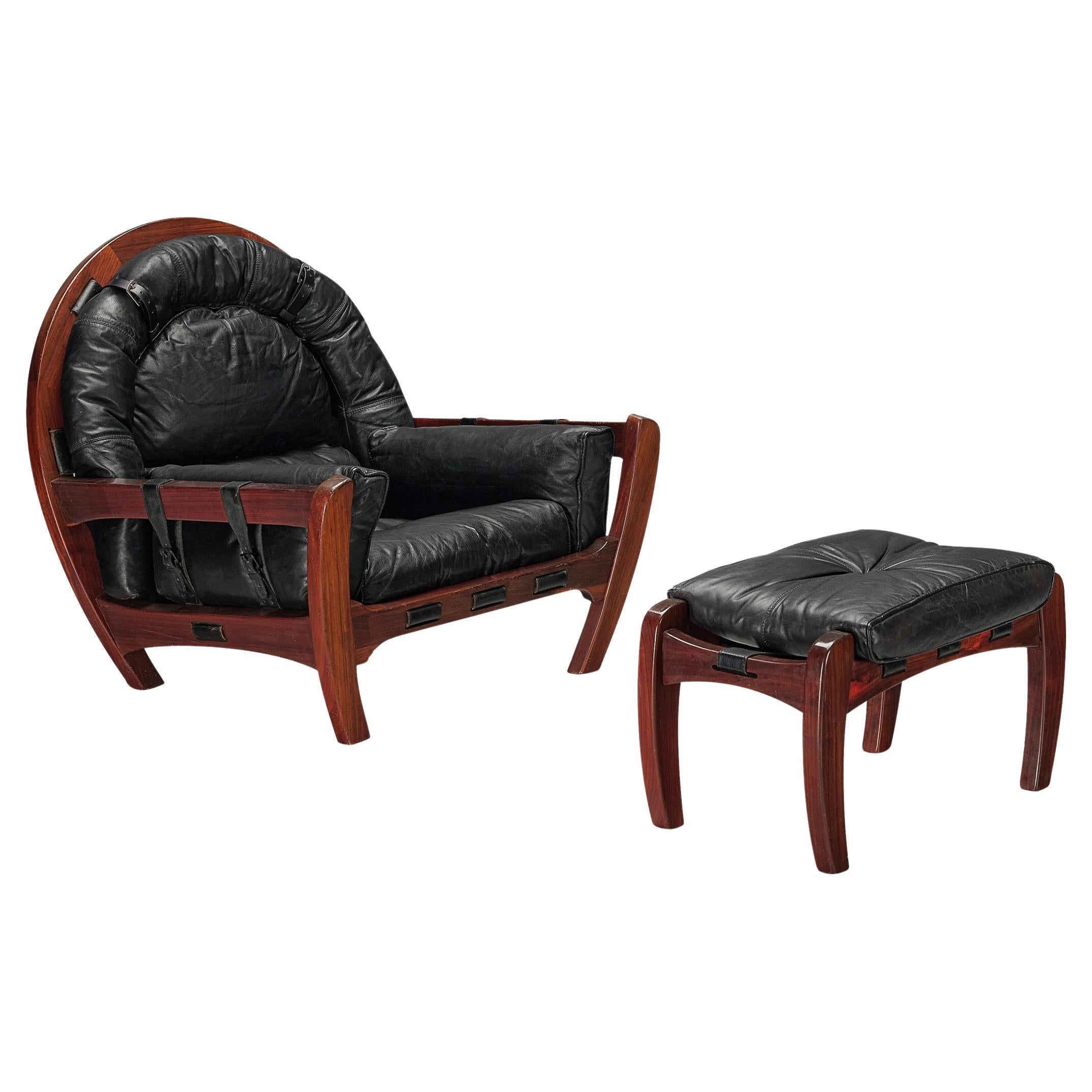 Luciano Frigerio 'Rancero' Lounge Chair with Ottoman in Black Leather 