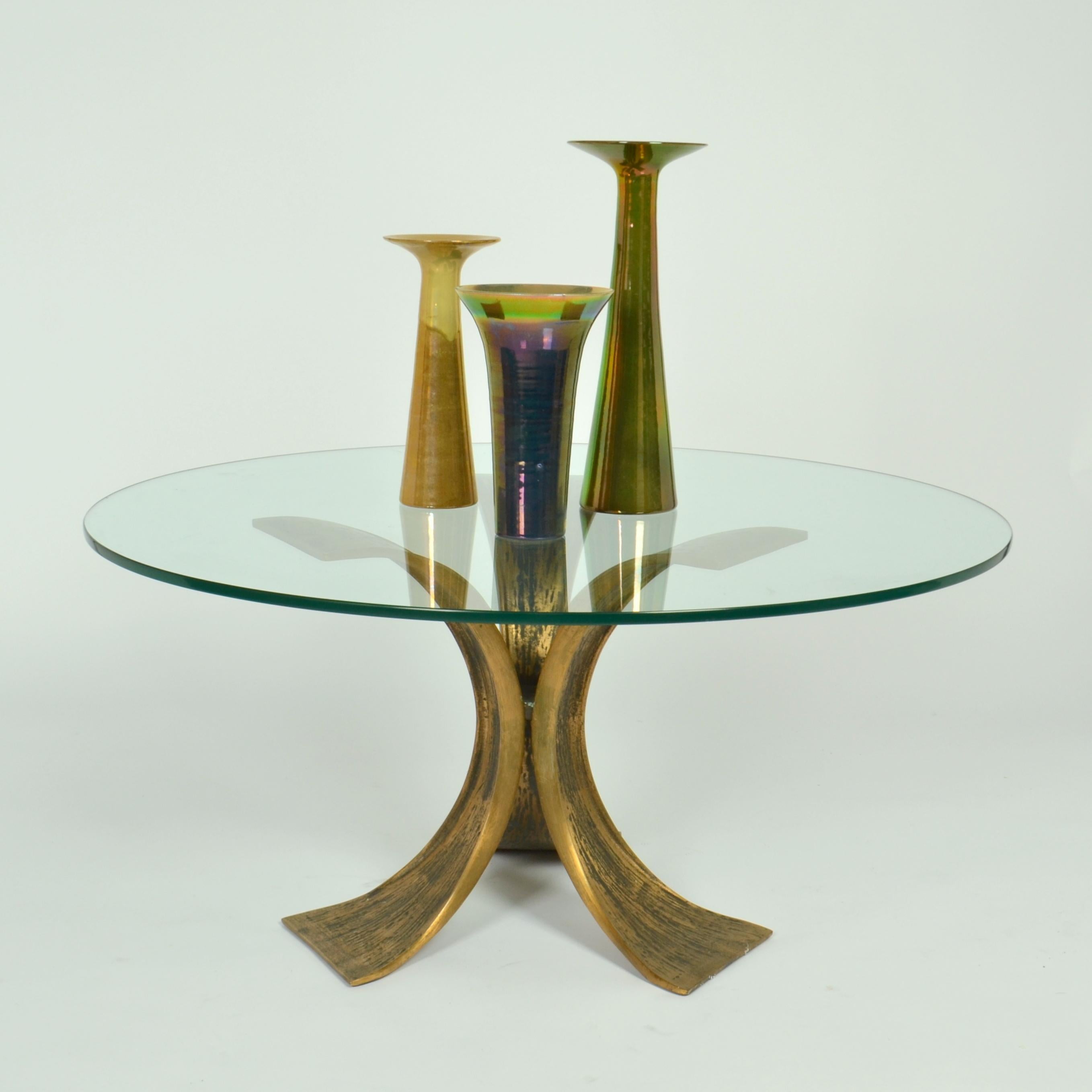 Brutalist Luciano Frigerio Sculptural Round Bronze and Glass Coffee Table Italy 1980's For Sale