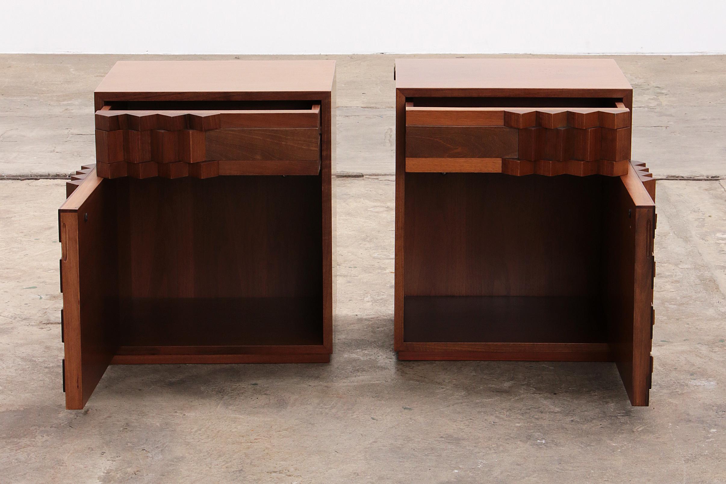 Mid-Century Modern Vintage Luciano Frigerio Bedside Tables with Graphic Doors, 1970s Italy. For Sale