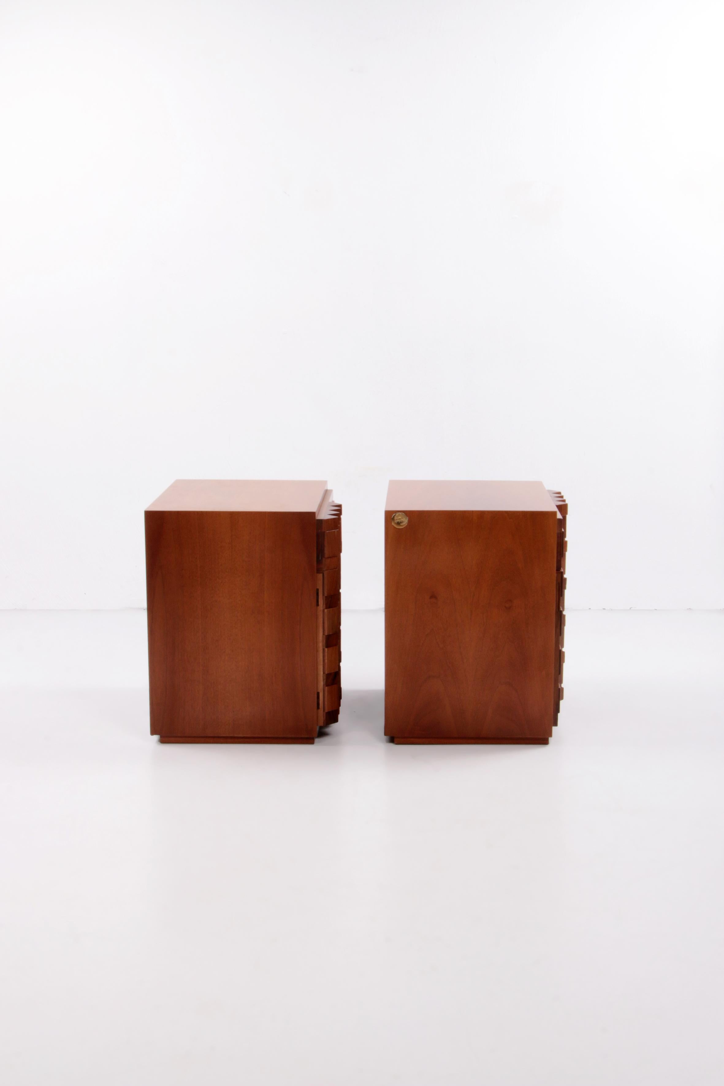Wood Vintage Luciano Frigerio Bedside Tables with Graphic Doors, 1970s Italy. For Sale
