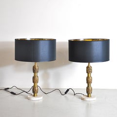 Luciano Frigerio Set of Midcentury Table Lamps in Brass and Travertine, 1970s