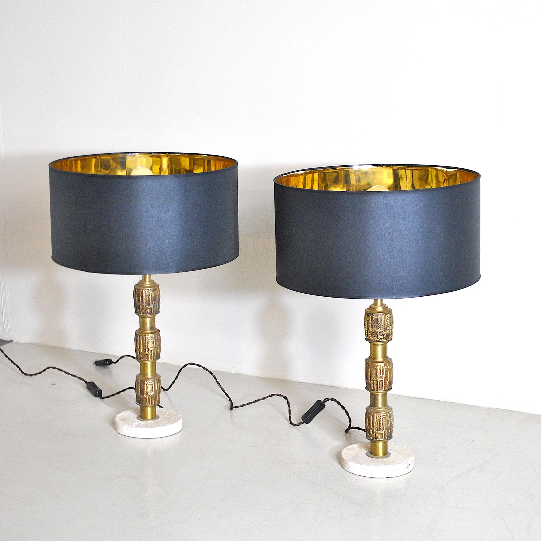 Italian Luciano Frigerio Set of Midcentury Table Lamps in Brass and Travertine, 1970s For Sale