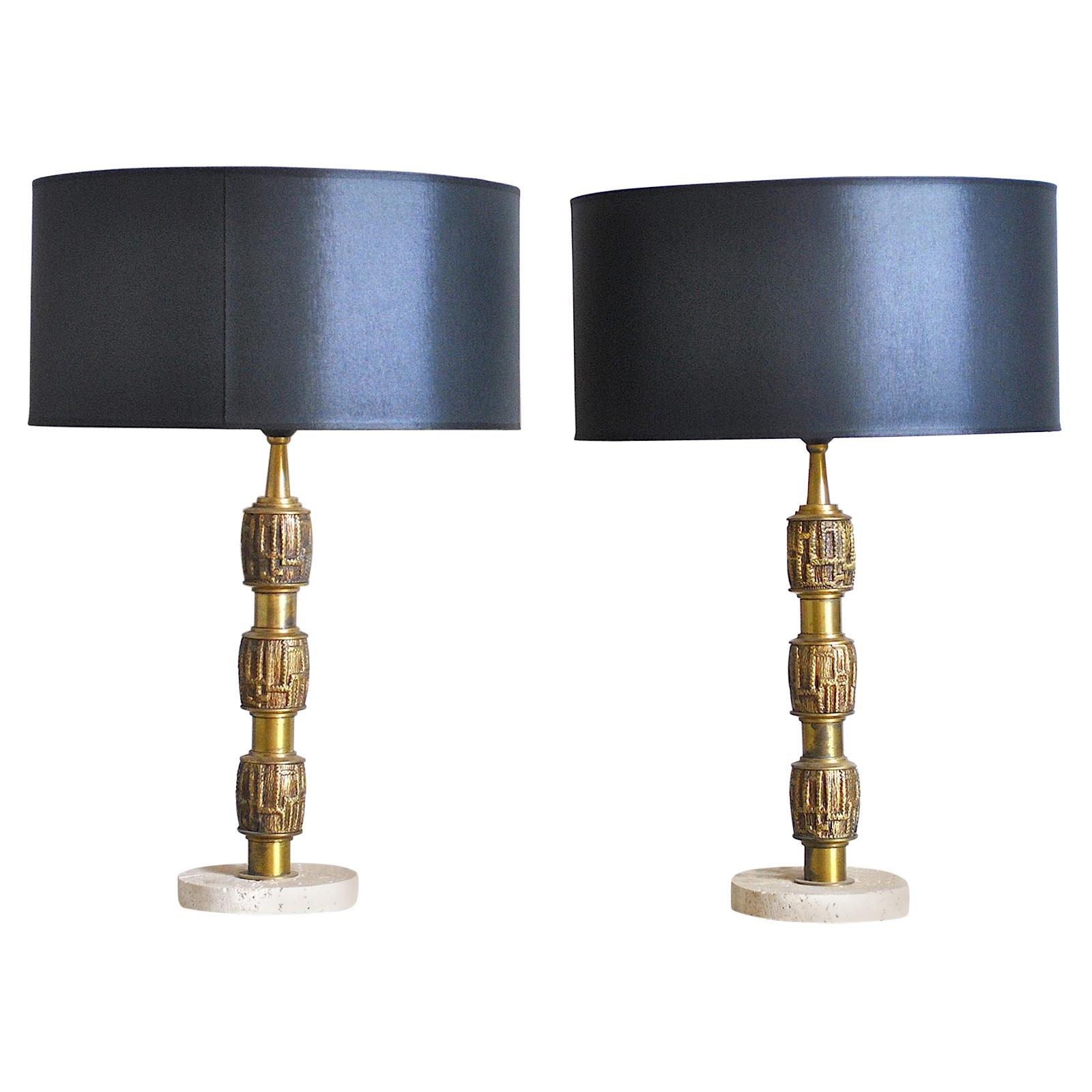 Luciano Frigerio Set of Midcentury Table Lamps in Brass and Travertine, 1970s For Sale