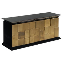 Retro Luciano Frigerio Sideboard in Lacquered Wood and Geometric Brass Front 