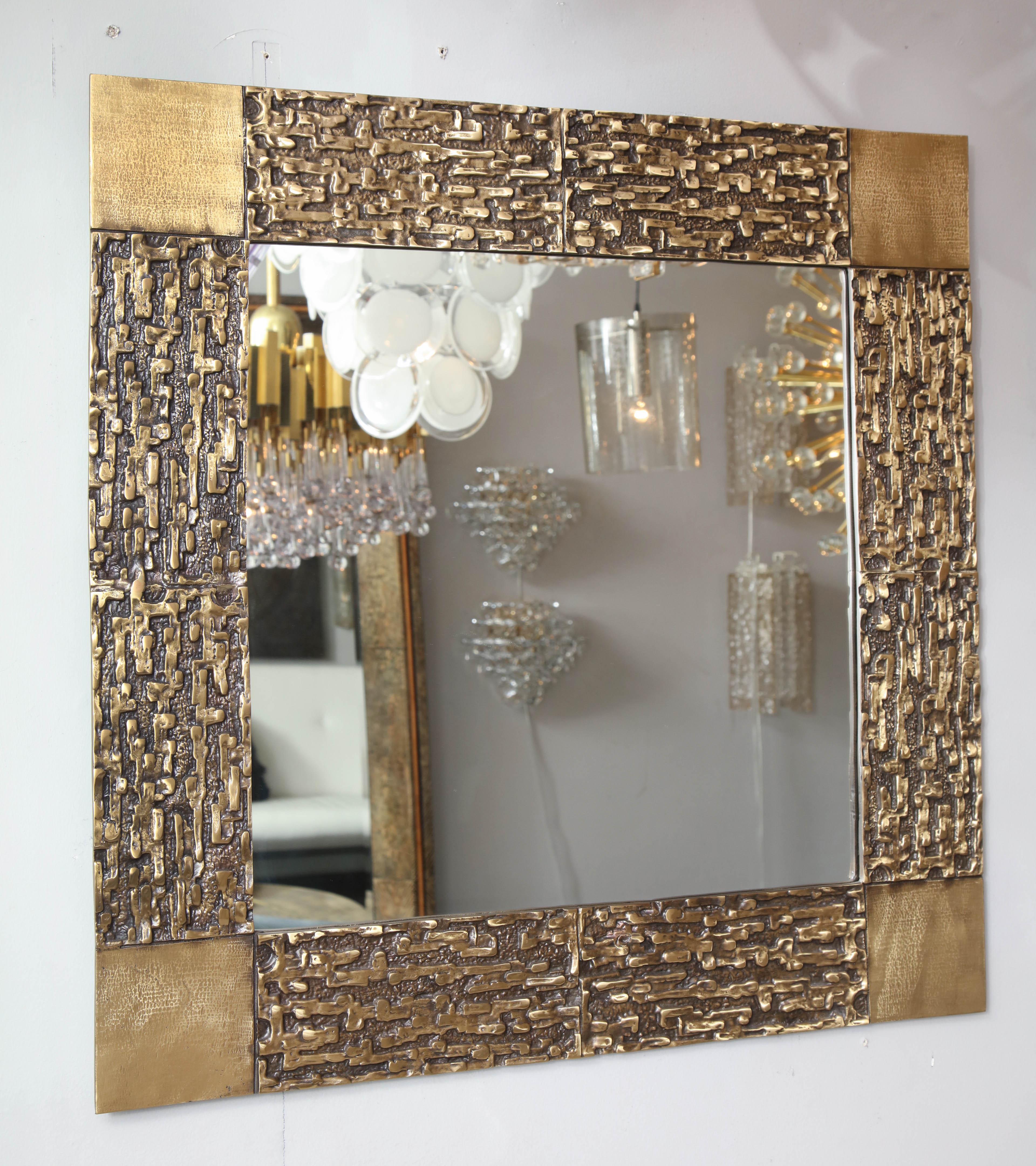 Luciano Frigerio vintage Brutalist mirror in cast metal brass frame.
