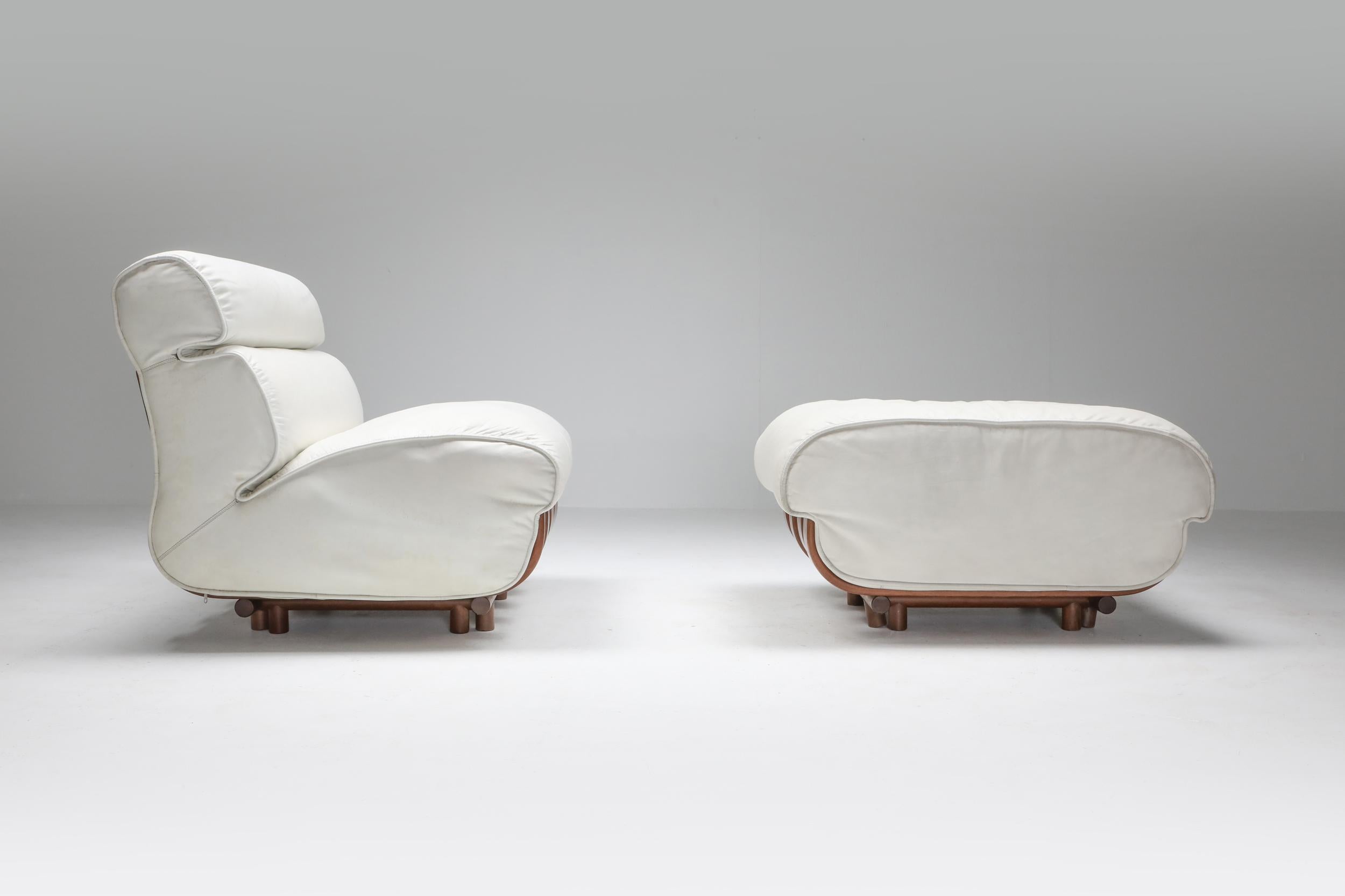 Post-Modern Luciano Frigerio Walnut and Leather Lounge Chairs with Ottoman