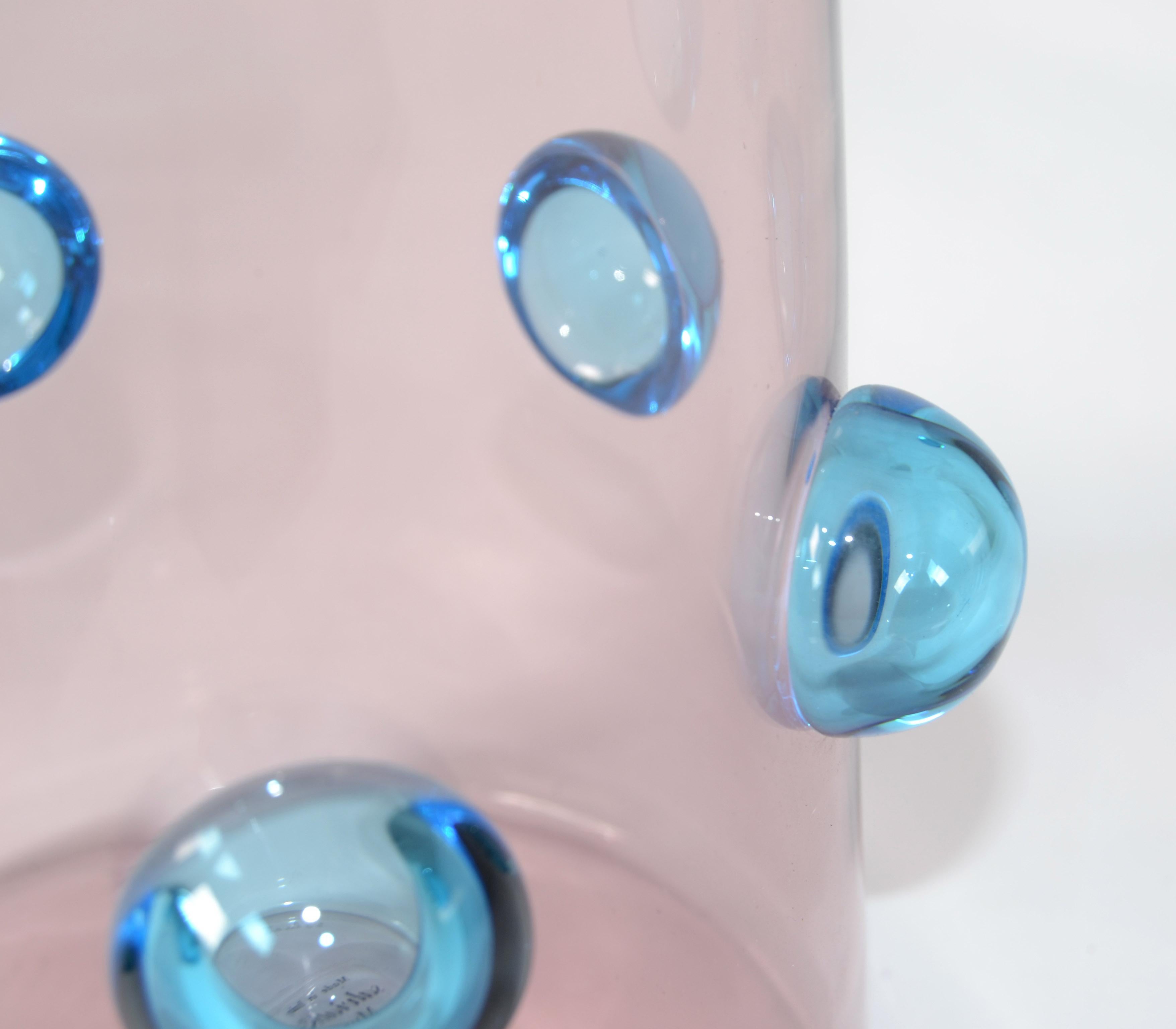 Luciano Gaspari Blown Light Pink Blue Bubbles Murano Glass Vase Salviati, Italy For Sale 3
