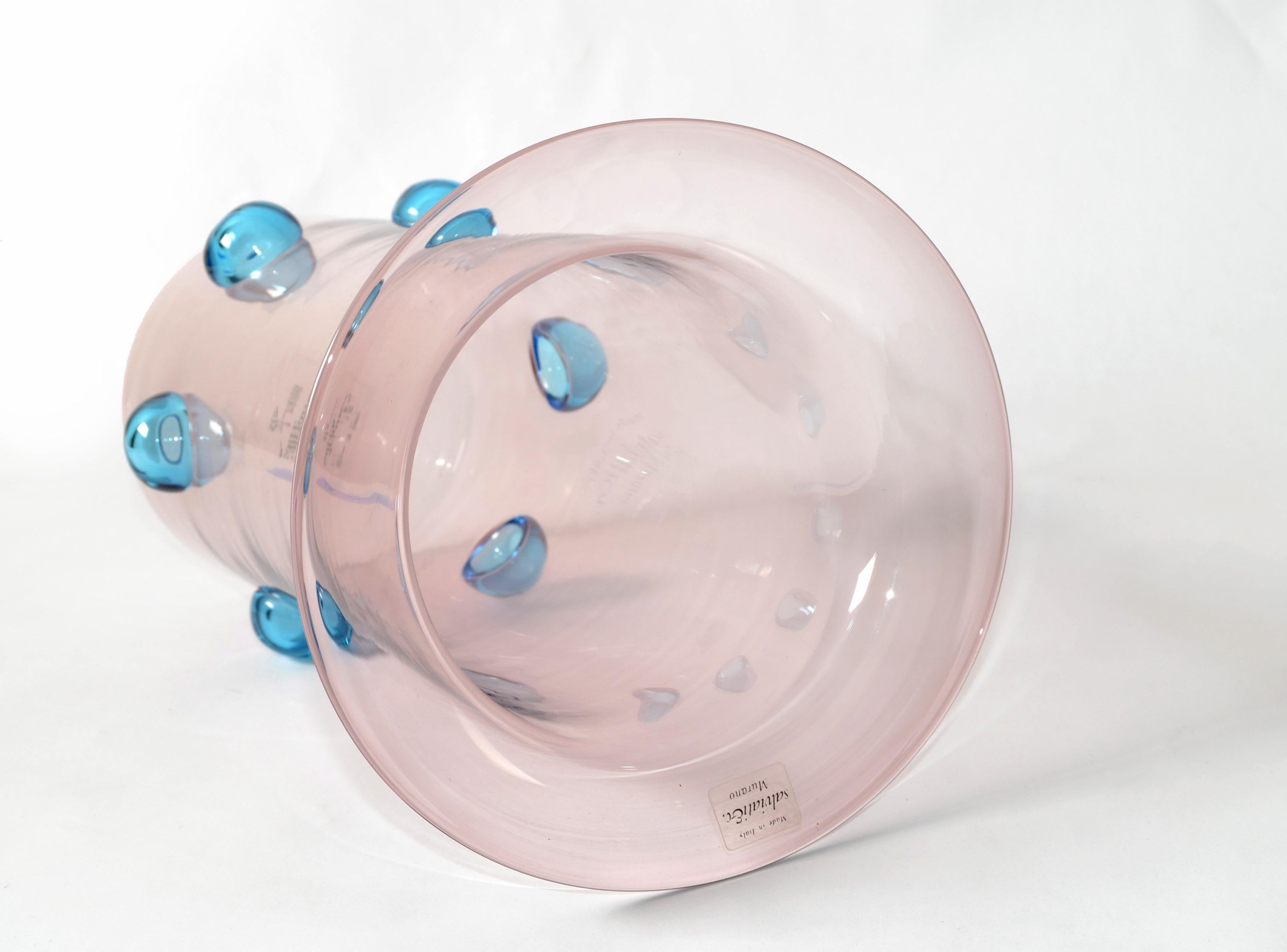Luciano Gaspari Blown Light Pink Blue Bubbles Murano Glass Vase Salviati, Italy For Sale 4