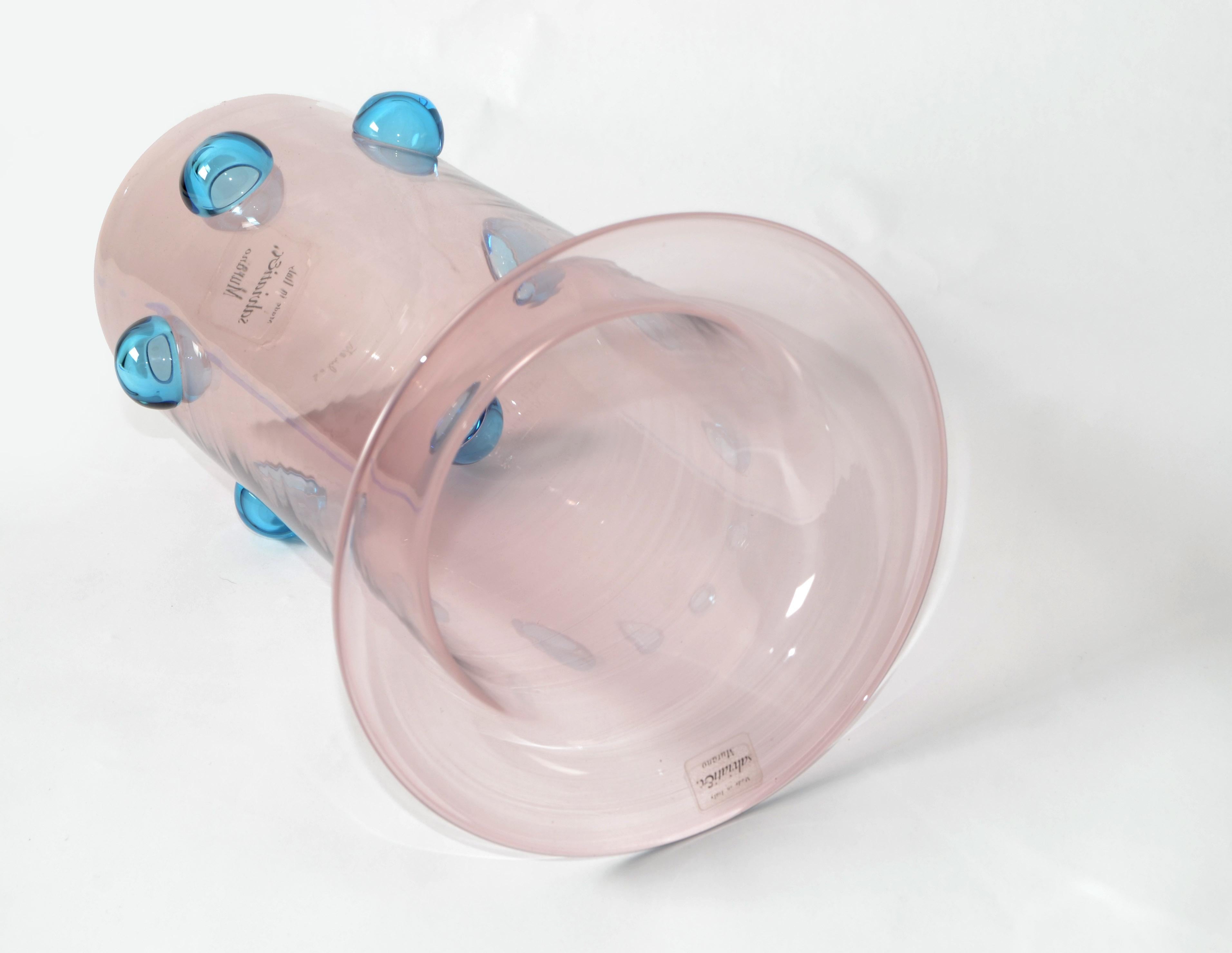 Luciano Gaspari Blown Light Pink Blue Bubbles Murano Glass Vase Salviati, Italy For Sale 5