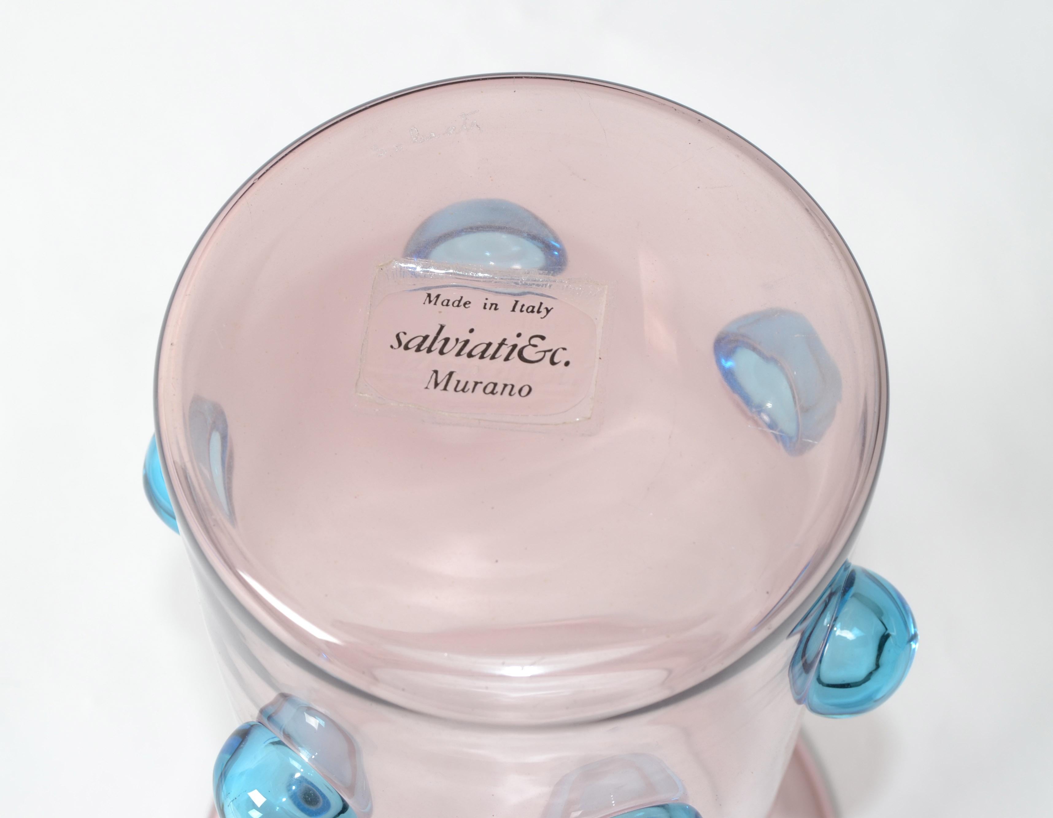 Luciano Gaspari Blown Light Pink Blue Bubbles Murano Glass Vase Salviati, Italy For Sale 7