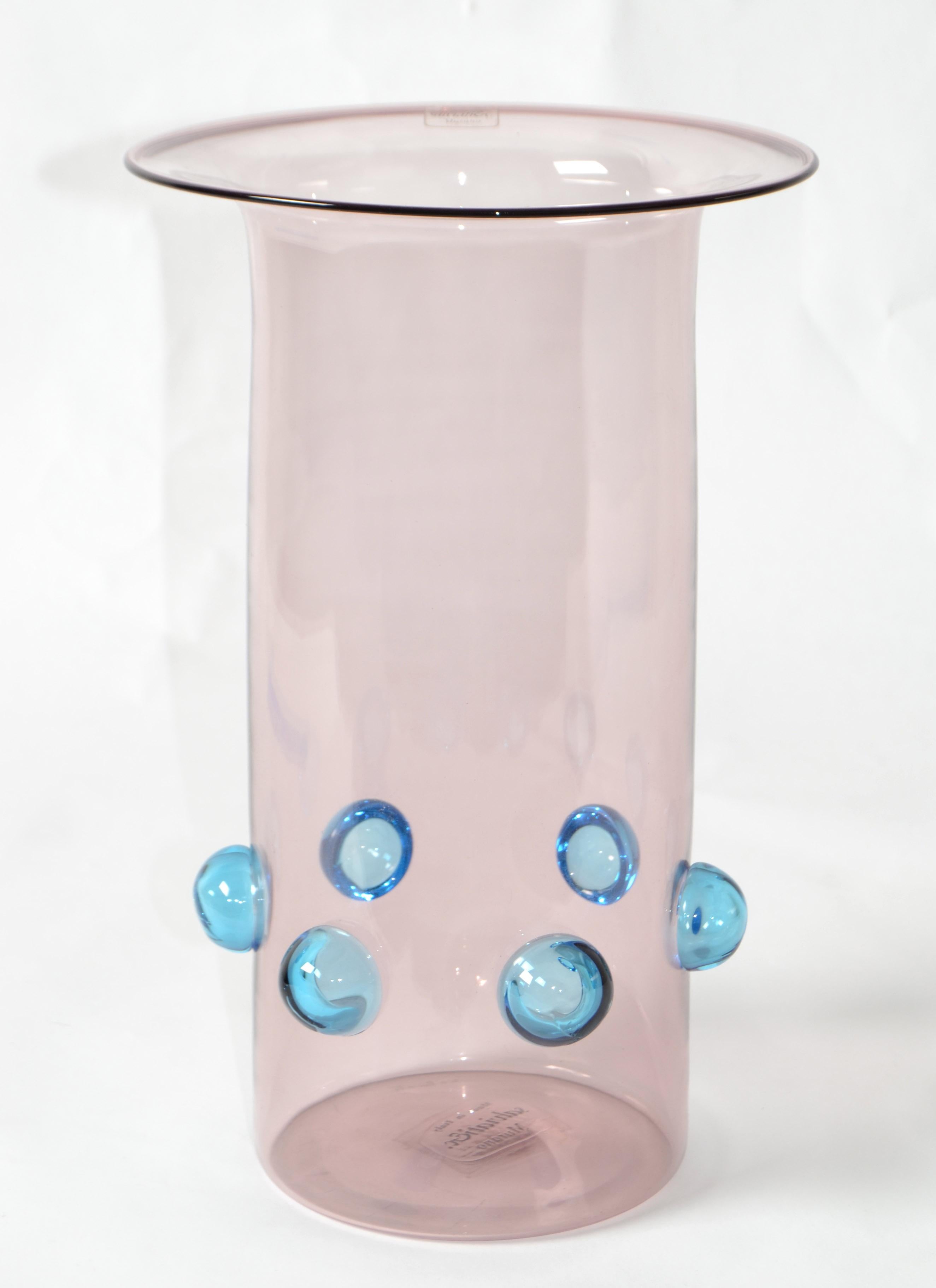 Luciano Gaspari Blown Light Pink Blue Bubbles Murano Glass Vase Salviati, Italy For Sale 9