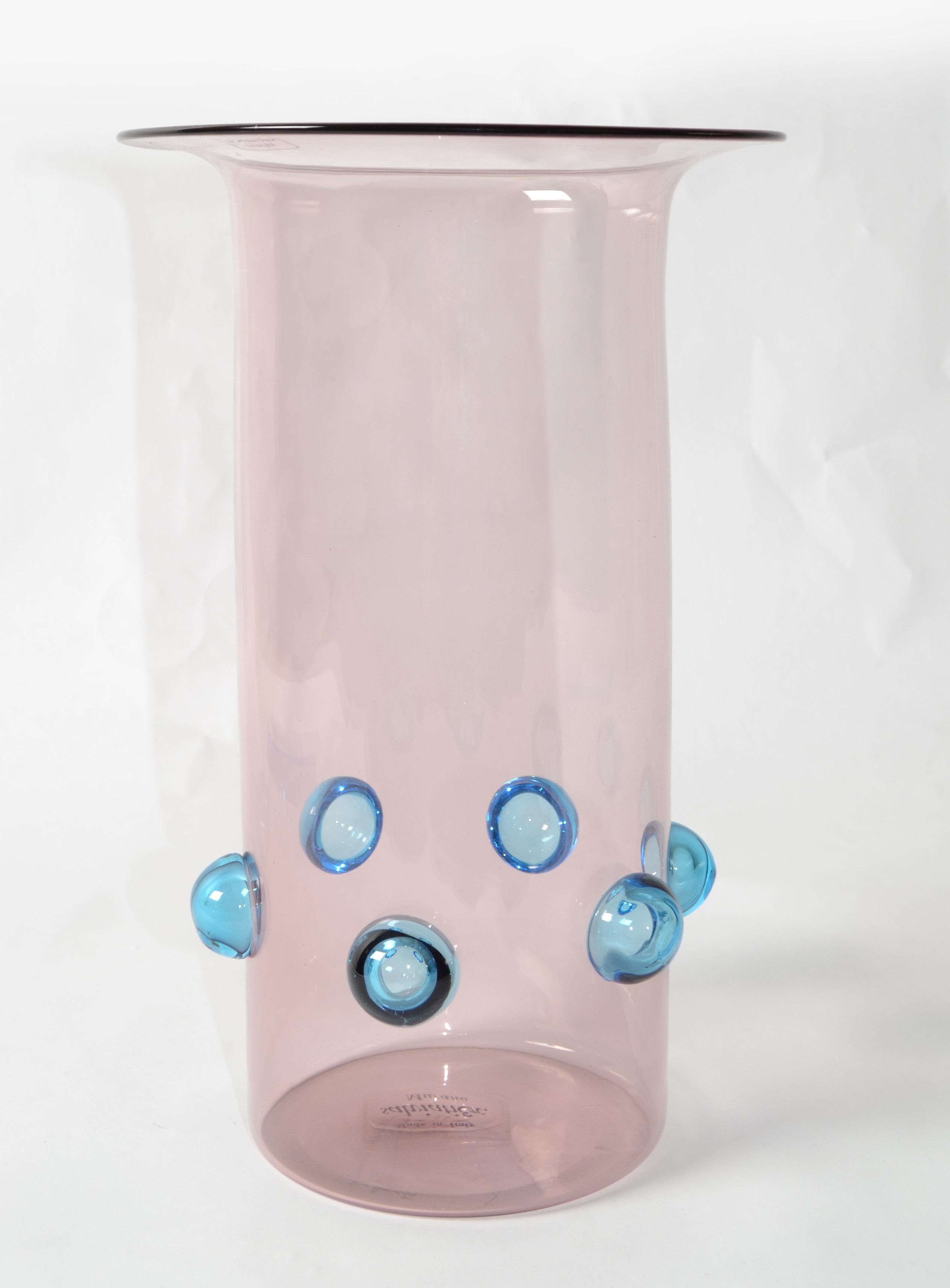 Mid-Century Modern Luciano Gaspari Blown Light Pink Blue Bubbles Murano Glass Vase Salviati, Italy For Sale