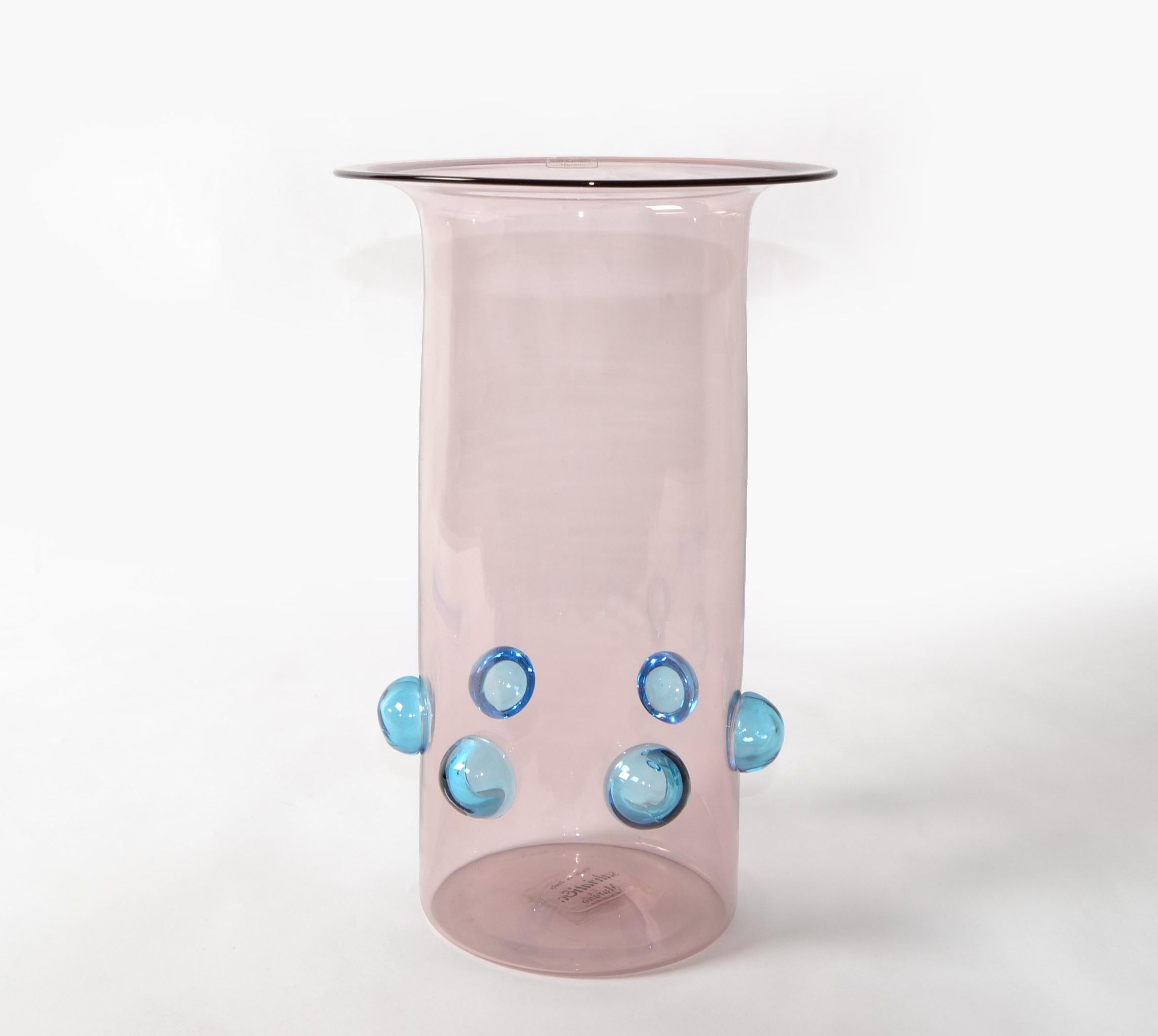 Italian Luciano Gaspari Blown Light Pink Blue Bubbles Murano Glass Vase Salviati, Italy For Sale