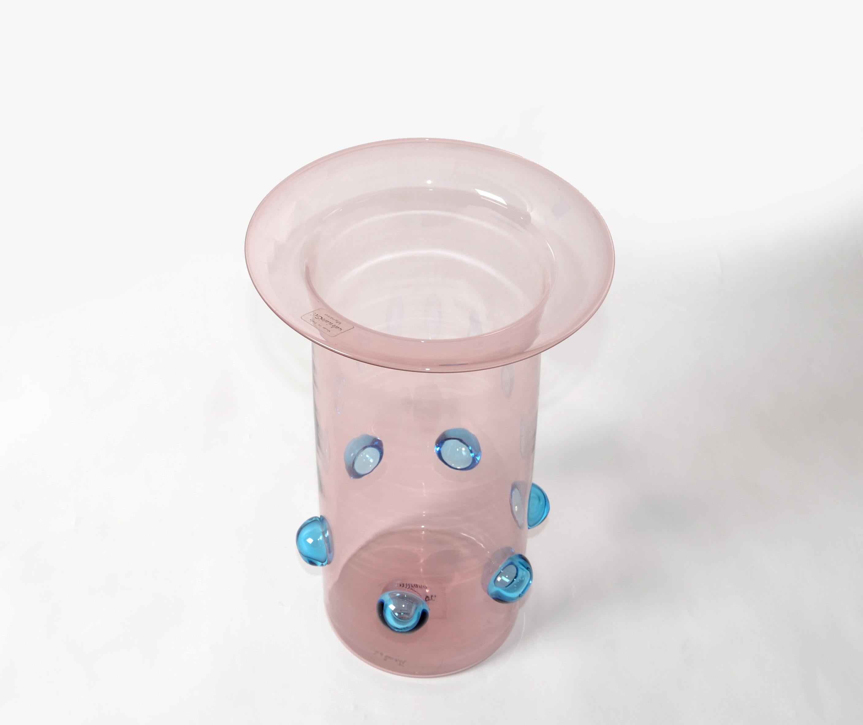 Luciano Gaspari Blown Light Pink Blue Bubbles Murano Glass Vase Salviati, Italy In Good Condition For Sale In Miami, FL