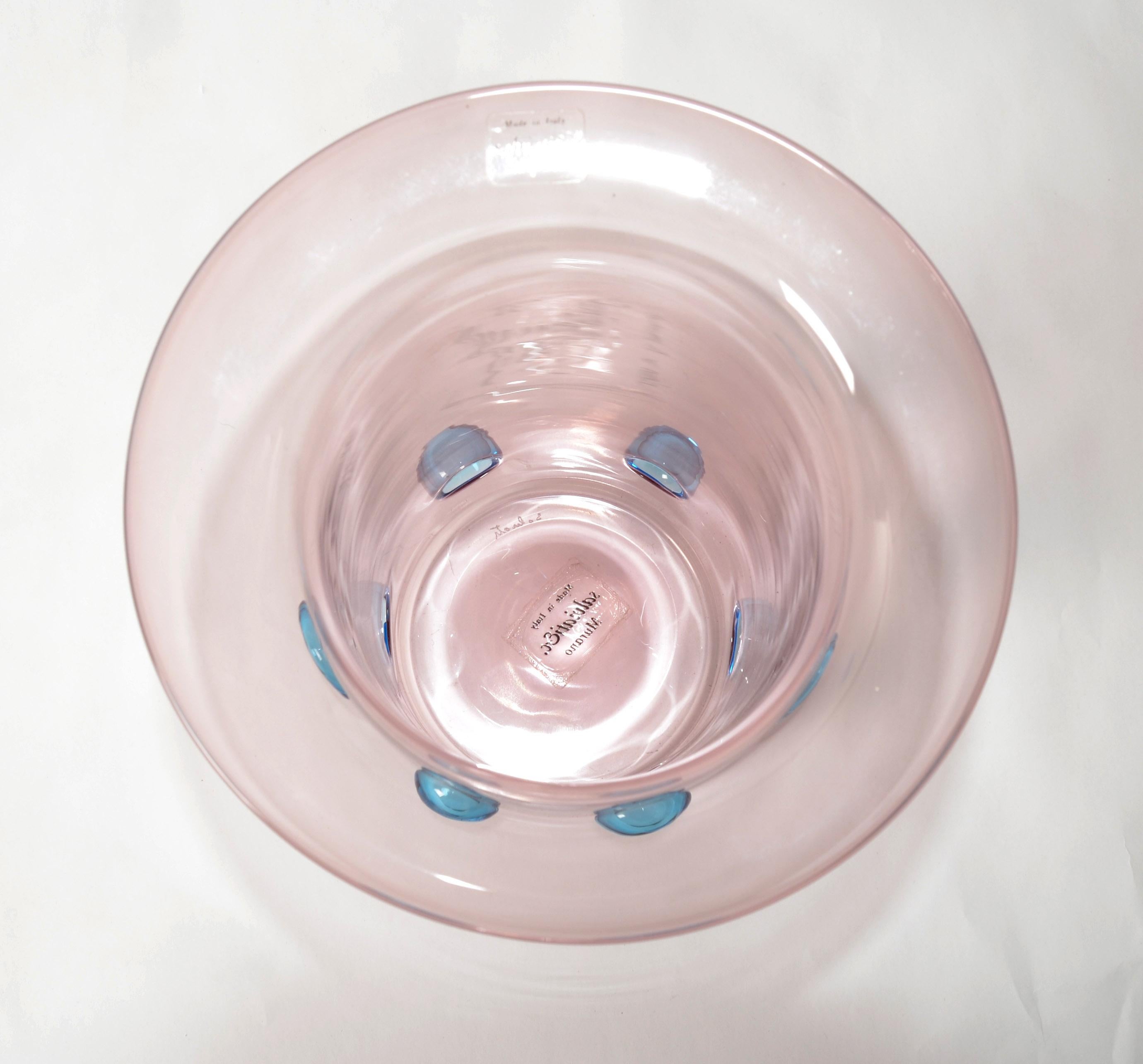 Late 20th Century Luciano Gaspari Blown Light Pink Blue Bubbles Murano Glass Vase Salviati, Italy For Sale