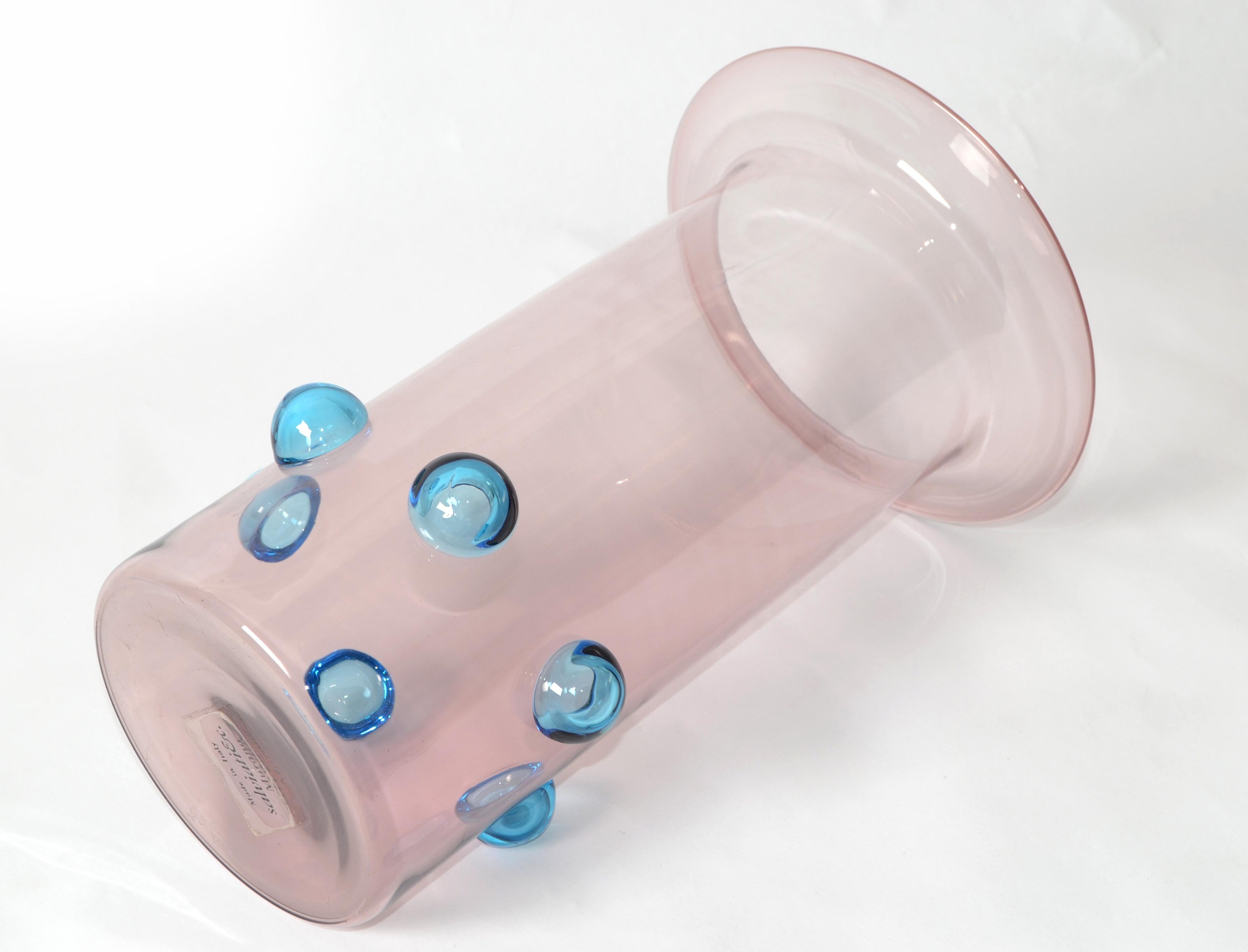 Luciano Gaspari Blown Light Pink Blue Bubbles Murano Glass Vase Salviati, Italy For Sale 1