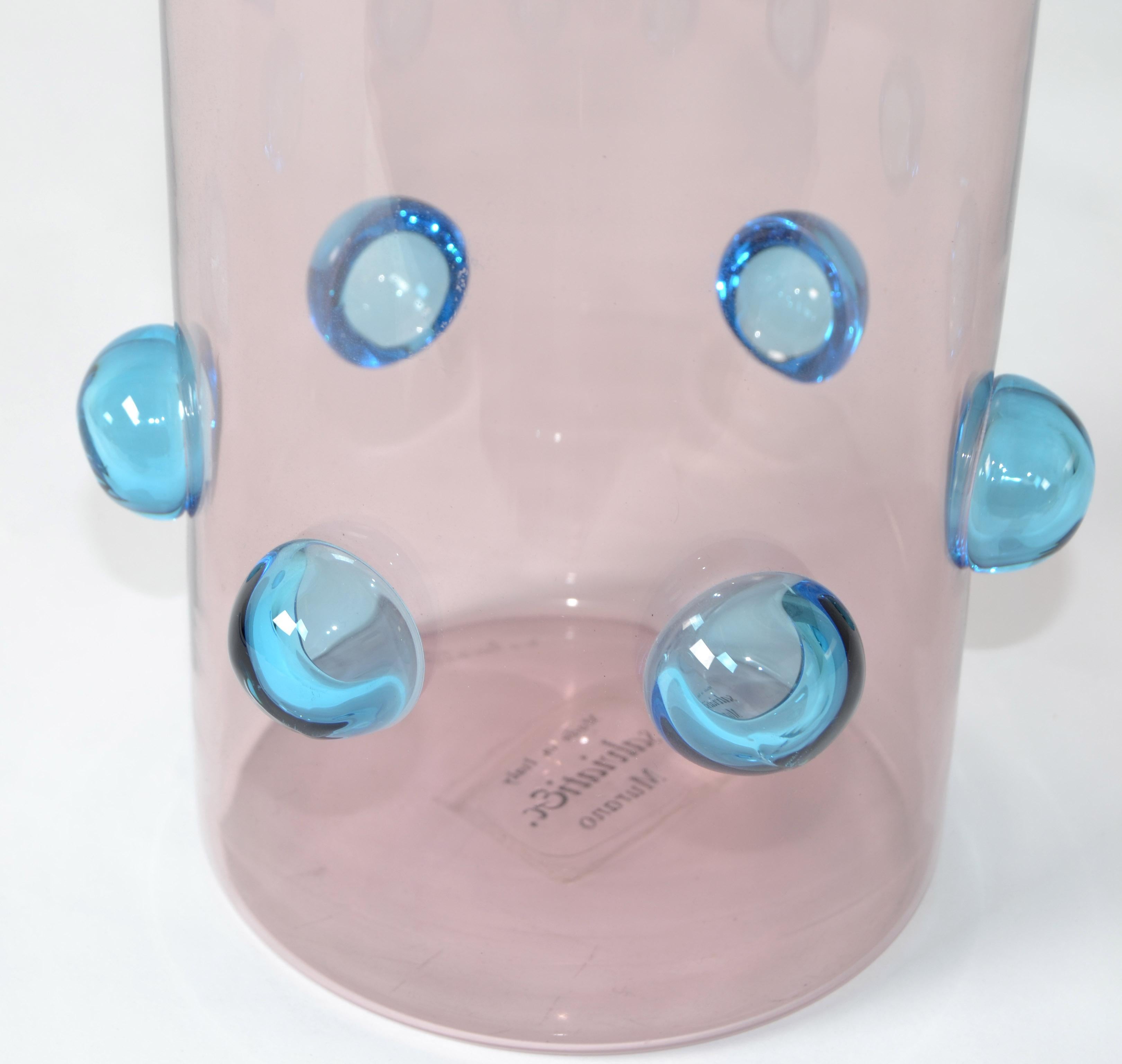 Luciano Gaspari Blown Light Pink Blue Bubbles Murano Glass Vase Salviati, Italy For Sale 2