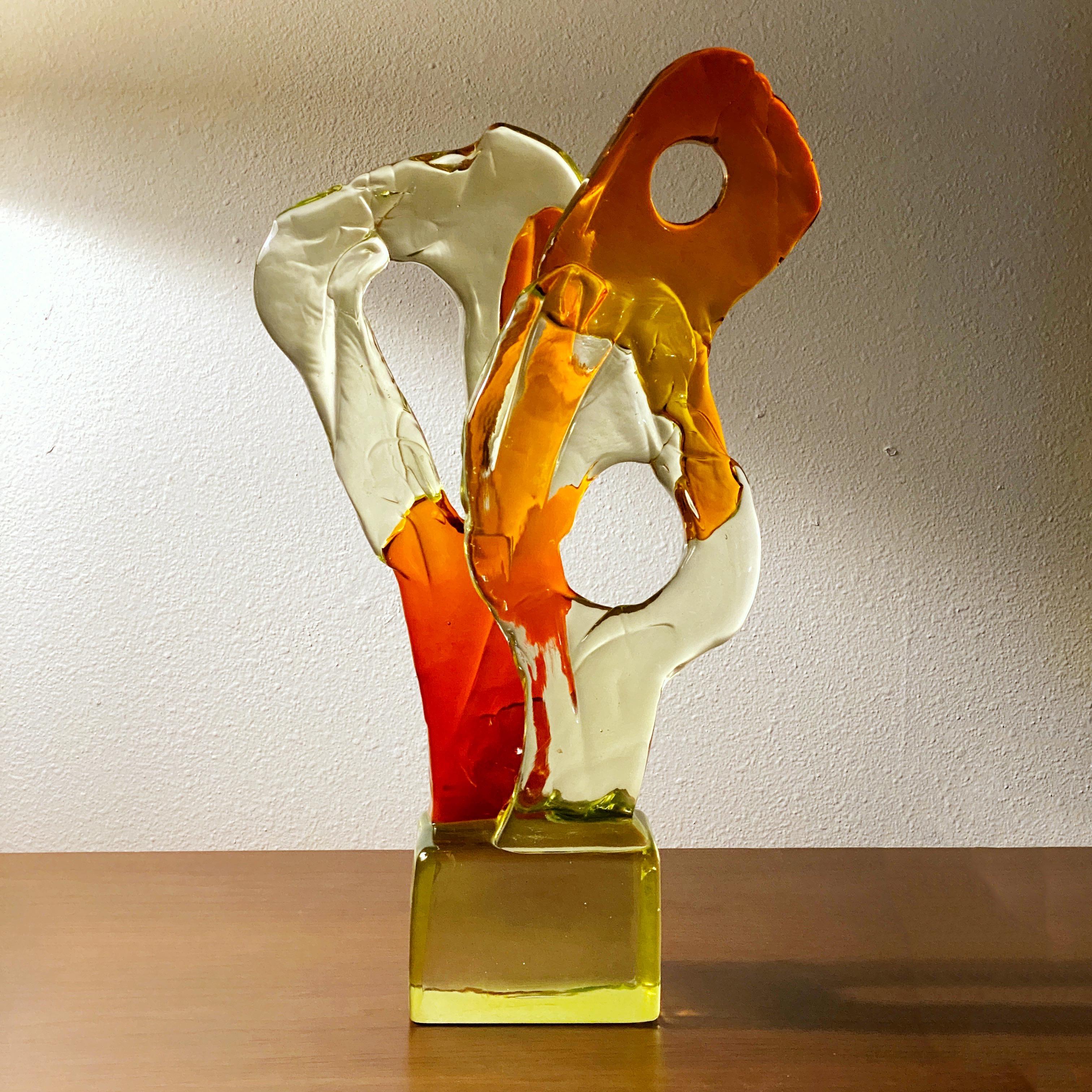 Luciano Gaspari (1913-2007) for Salviati Abstract Glass Sculpture in a beautiful coloration of yellows and lighter and dark oranges, circa 1960s. 

Sculpture measures 18-1/4