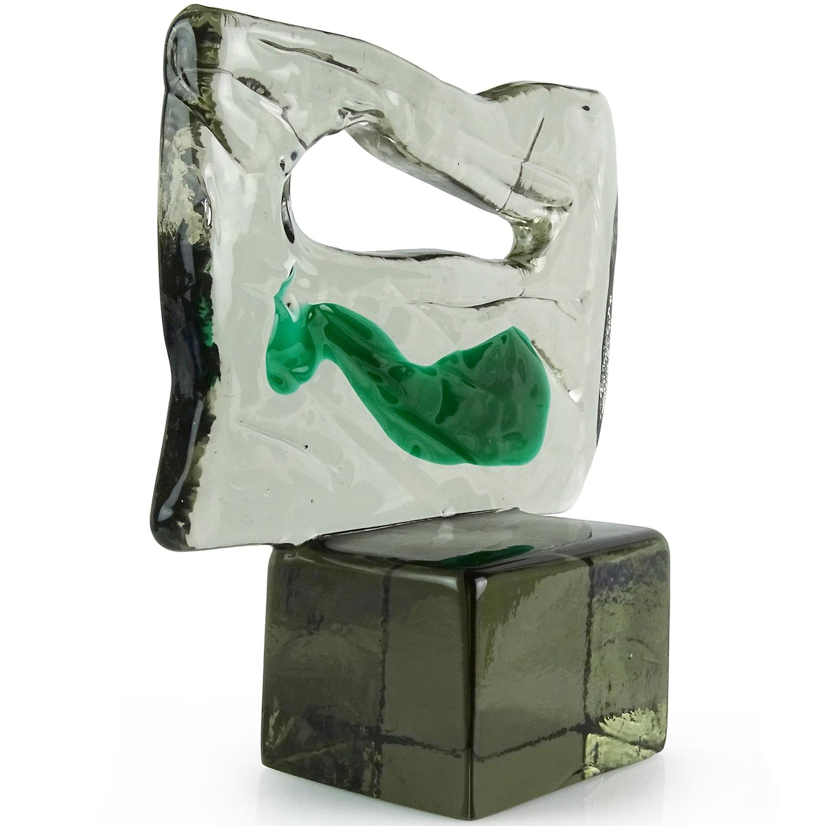 Beautiful vintage Murano hand blown smoky grey color with green paint stroke Italian art glass sculpture. Documented to Luciano Gaspari for the Salviati company. Has a Modernist abstract design, with textured glass slab mounted on a smooth block