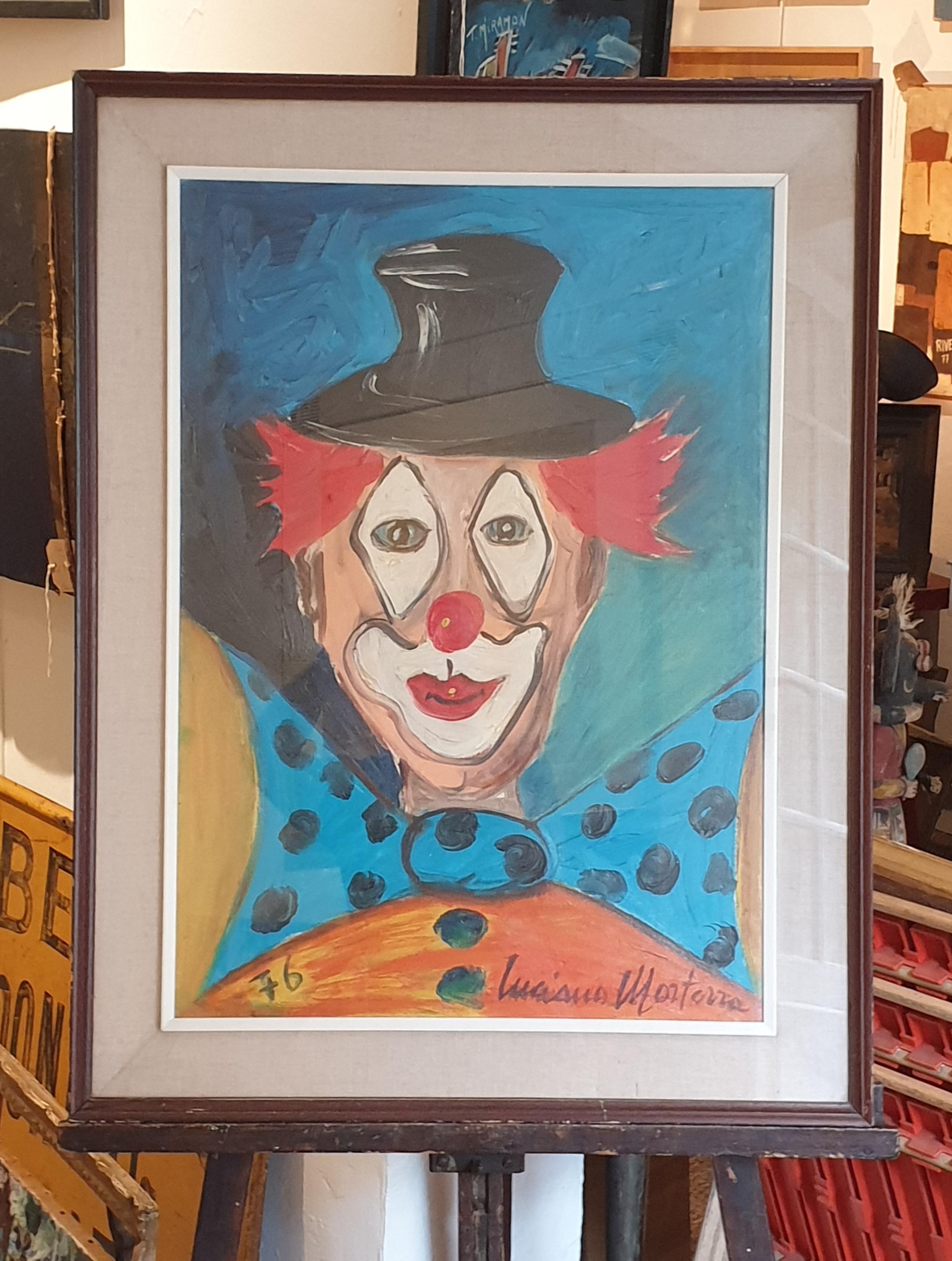 Coco the Clown in Top Hat and Bow Tie. Milan School, Italian Oil on Canvas. - Expressionist Painting by Luciano Morterra