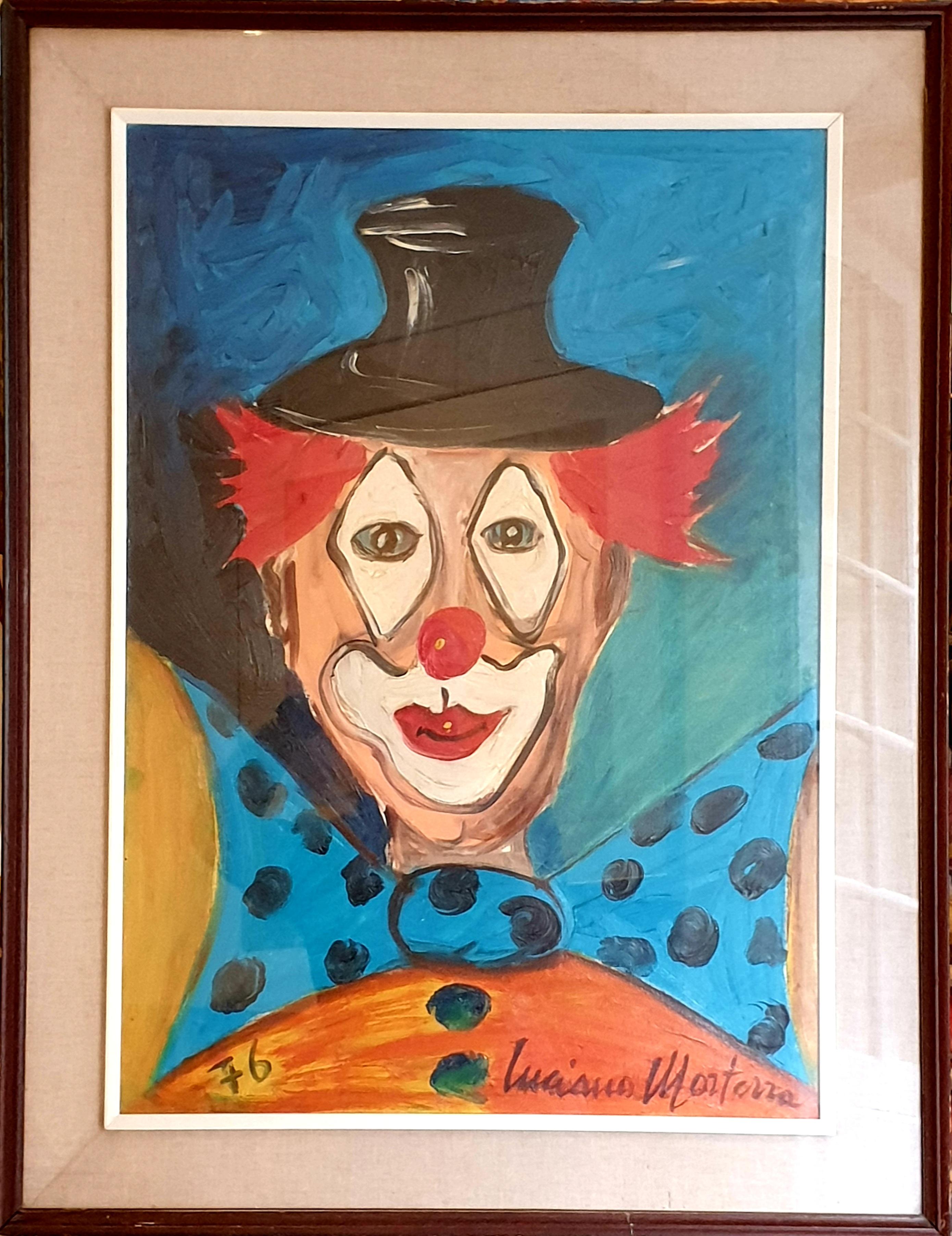 Luciano Morterra Portrait Painting - Coco the Clown in Top Hat and Bow Tie. Milan School, Italian Oil on Canvas.