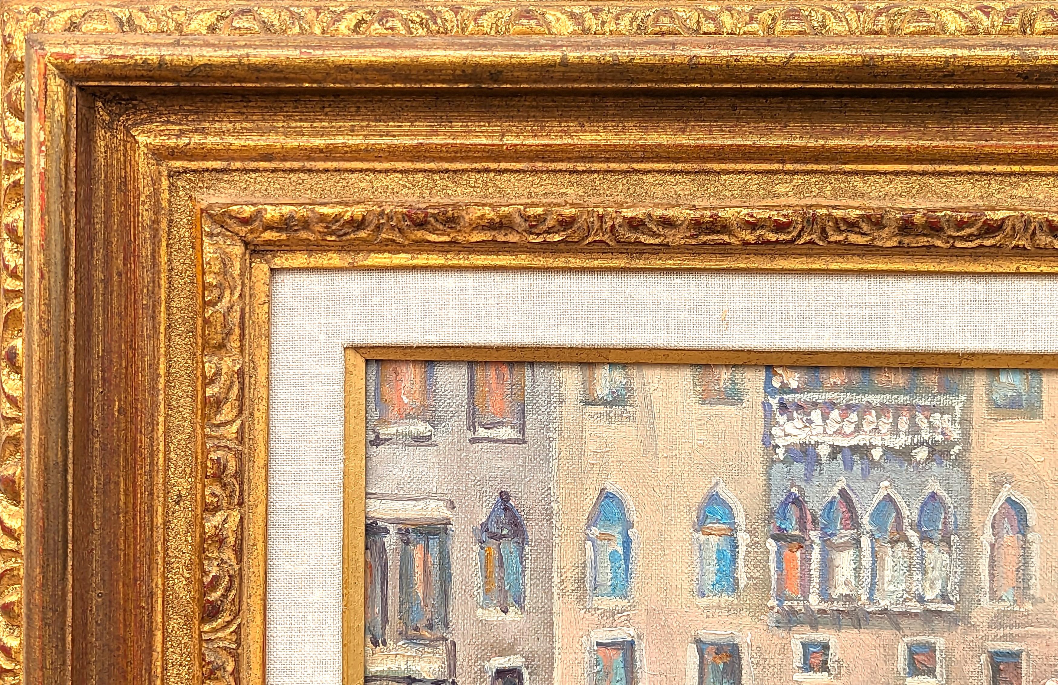 Paisaje italiano en tonos pastel pintado por el artista europeo Luciano Rampaso. La obra muestra una góndola que es empujada por los canales venecianos en un estilo impresionista. Firmado en la esquina inferior derecha de la parte delantera.