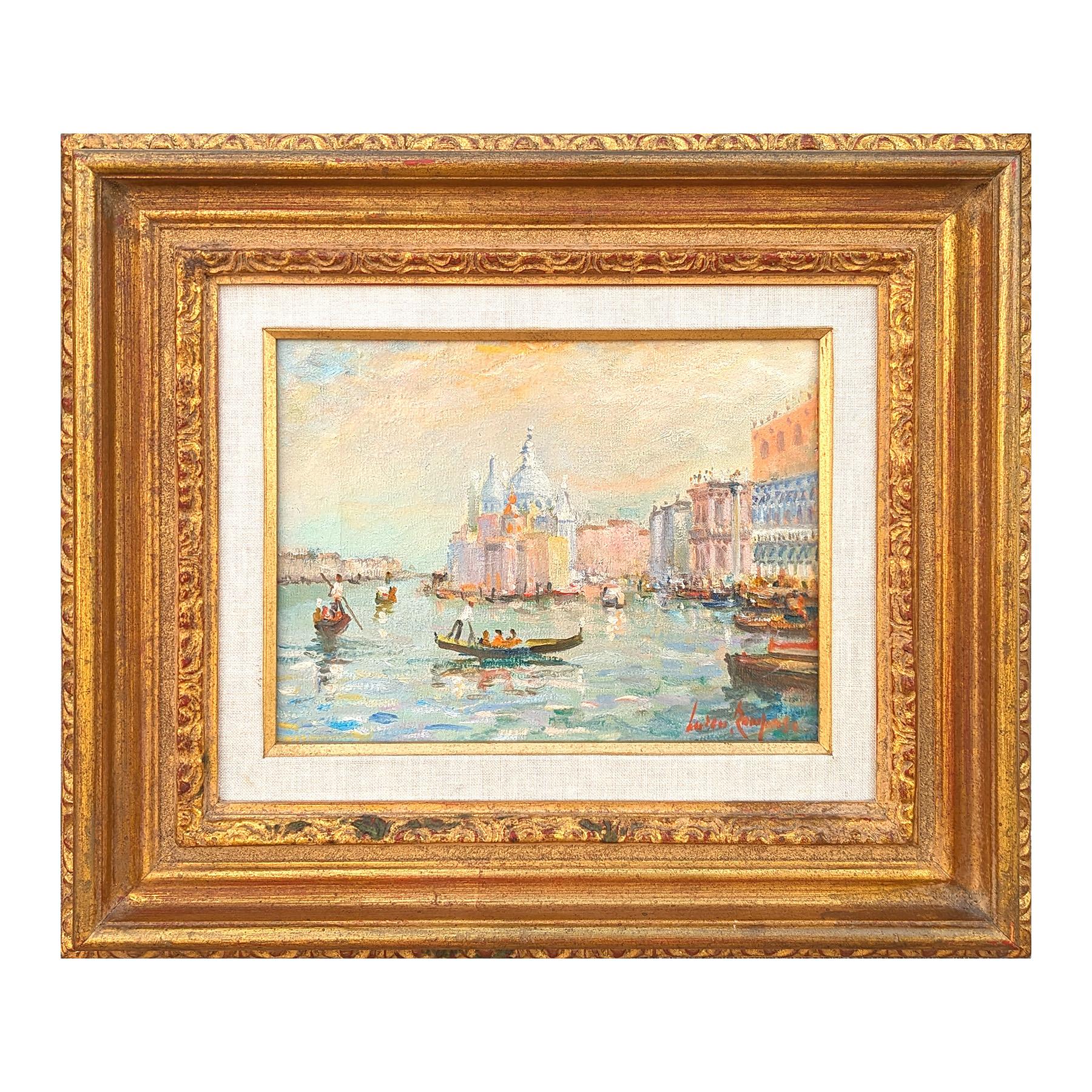 Pintura de paisaje italiano de góndolas venecianas en tonos pastel de estilo impresionista - Painting de Luciano Rampaso
